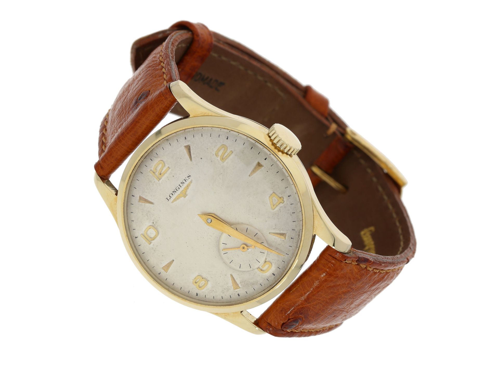 Armbanduhr: goldene vintage Longines Herrenuhr, vermutlich von 1950Ca. Ø33,5mm, 14K Gold, Referenz