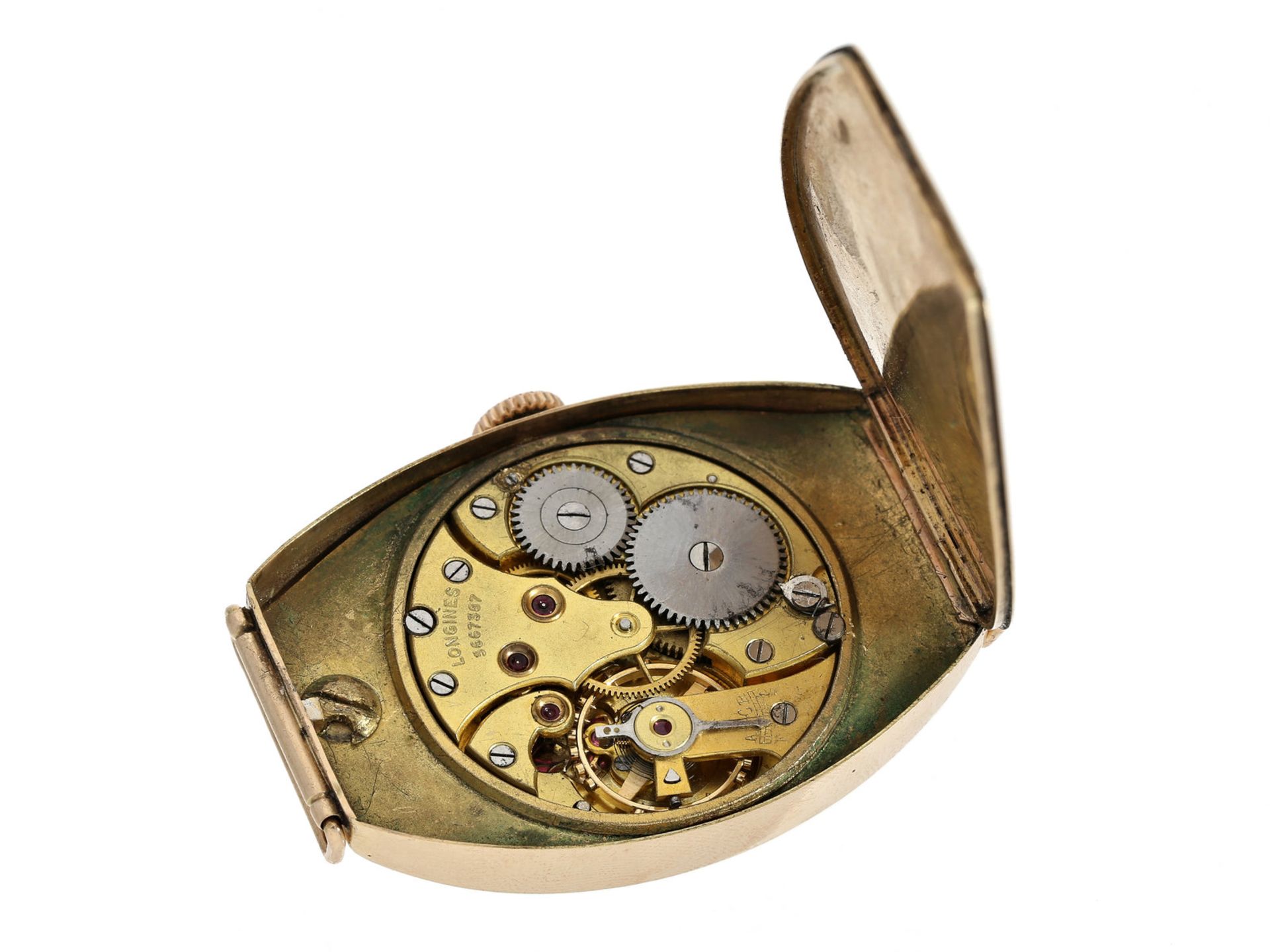 Armbanduhr: besonders große rotgoldene Art déco Herrenuhr von Longines, ca. 1938Ca. 30 × 45mm, 14K - Bild 2 aus 2