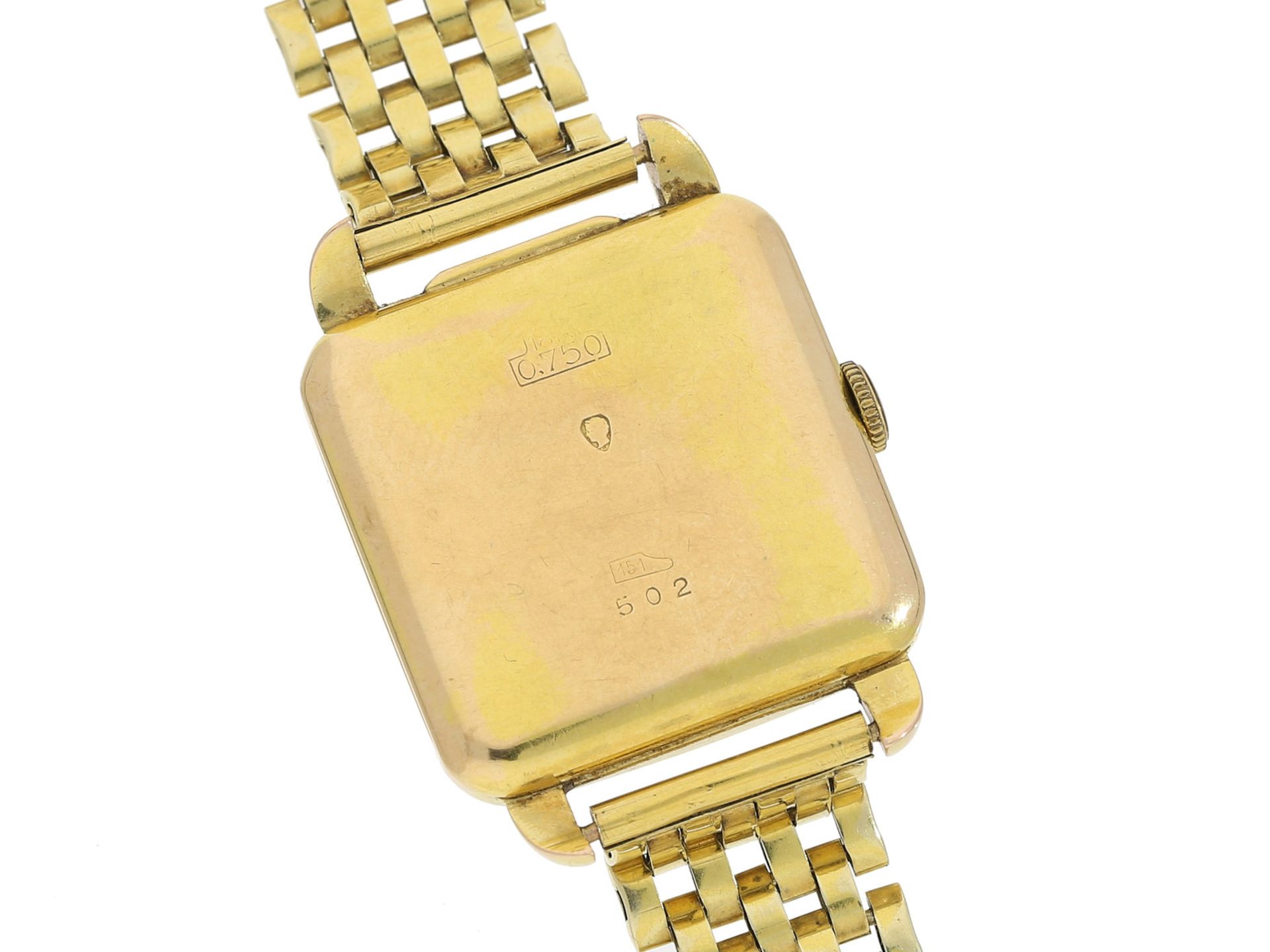 Armbanduhr: seltene, quadratische Herrenuhr, um 1940, Marke Felsa, 18K GoldCa. 26 x 26mm, - Bild 2 aus 2