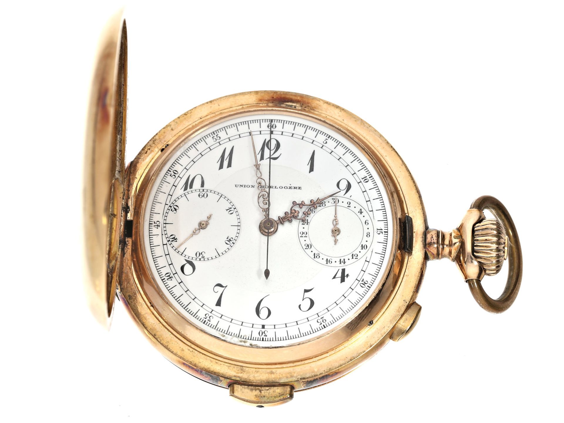 Taschenuhr: schwere goldene Savonnette mit Chronograph und Repetition, Union Horlogere, um 1900Ca.