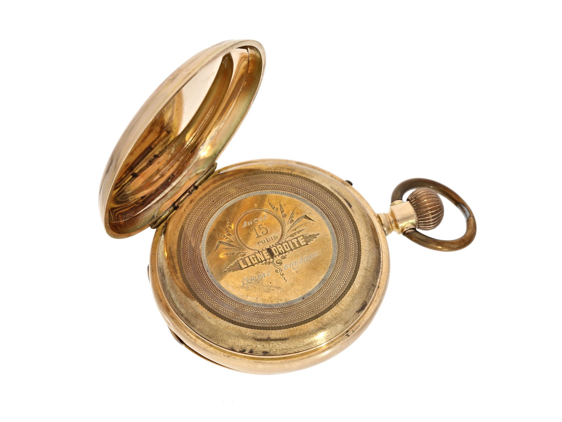 Taschenuhr: kleine, rotgoldene Savonnette mit farbigem Emaillezifferblatt, Schweiz um 1880Ca. Ø46mm, - Bild 2 aus 3