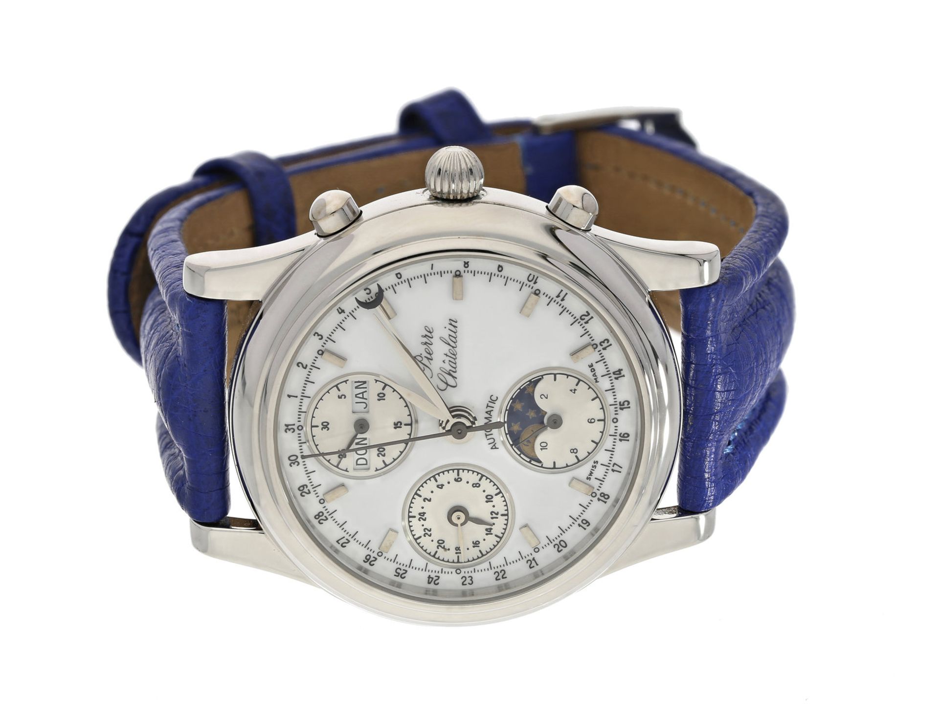 Armbanduhr: komplizierte, ungetragene vintage Herrenuhr mit Kalender, Mondphase und Chronograph,