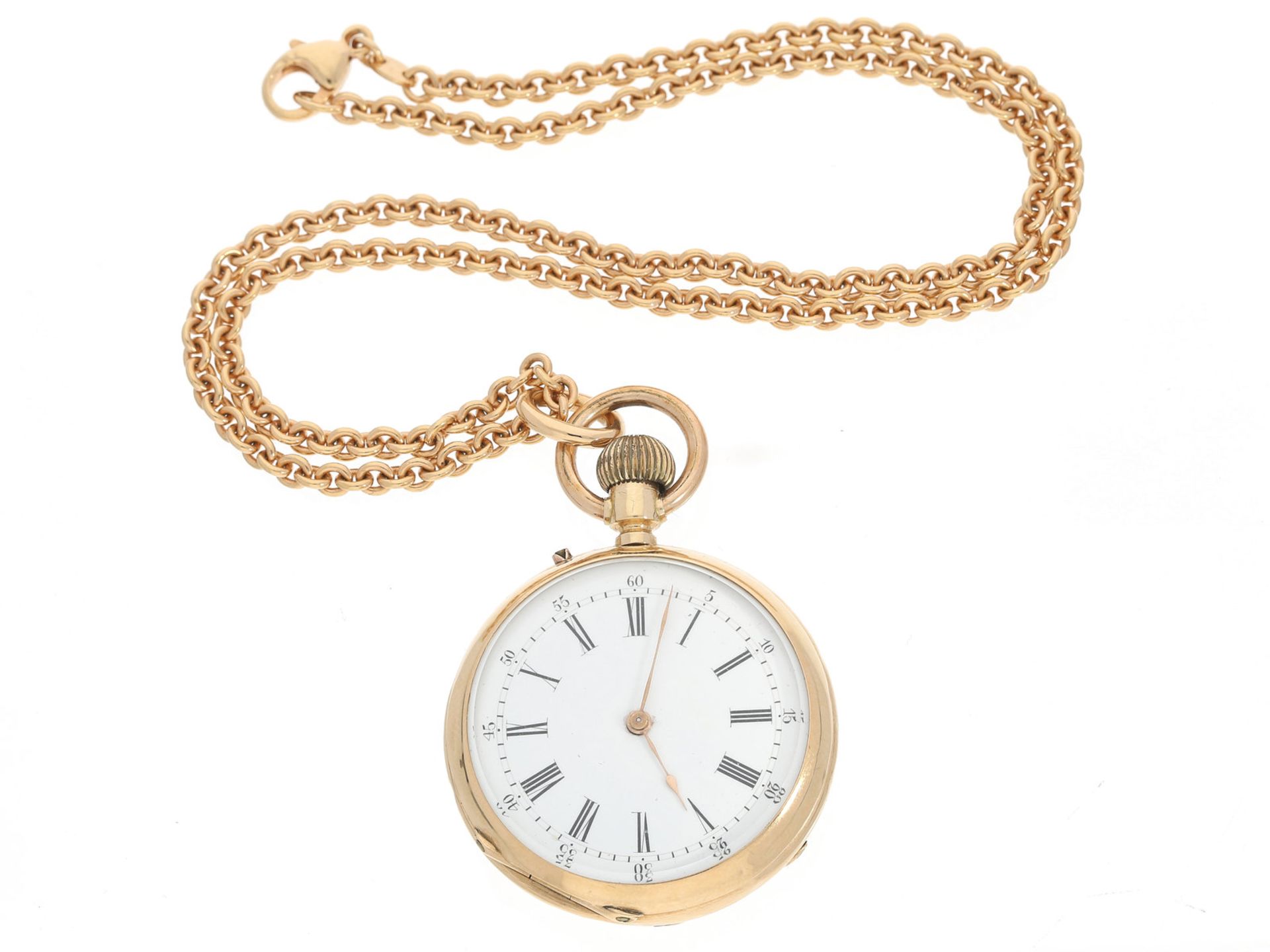 Taschenuhr/Anhängeuhr: antike goldene Damentaschenuhr an hochwertiger 18K Halskette, Uhr signiert