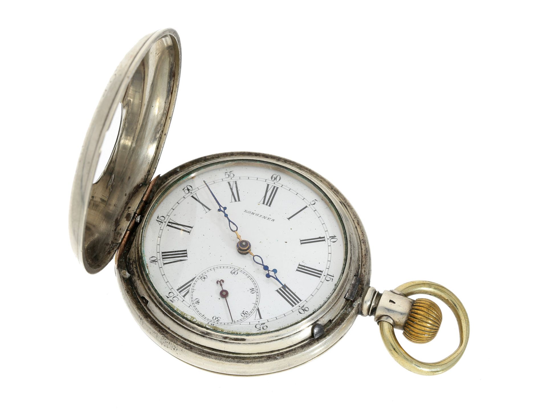 Taschenuhr: sehr frühe Halbsavonnette der Marke Longines, ca. 1885Ca. Ø48mm, ca. 98g,