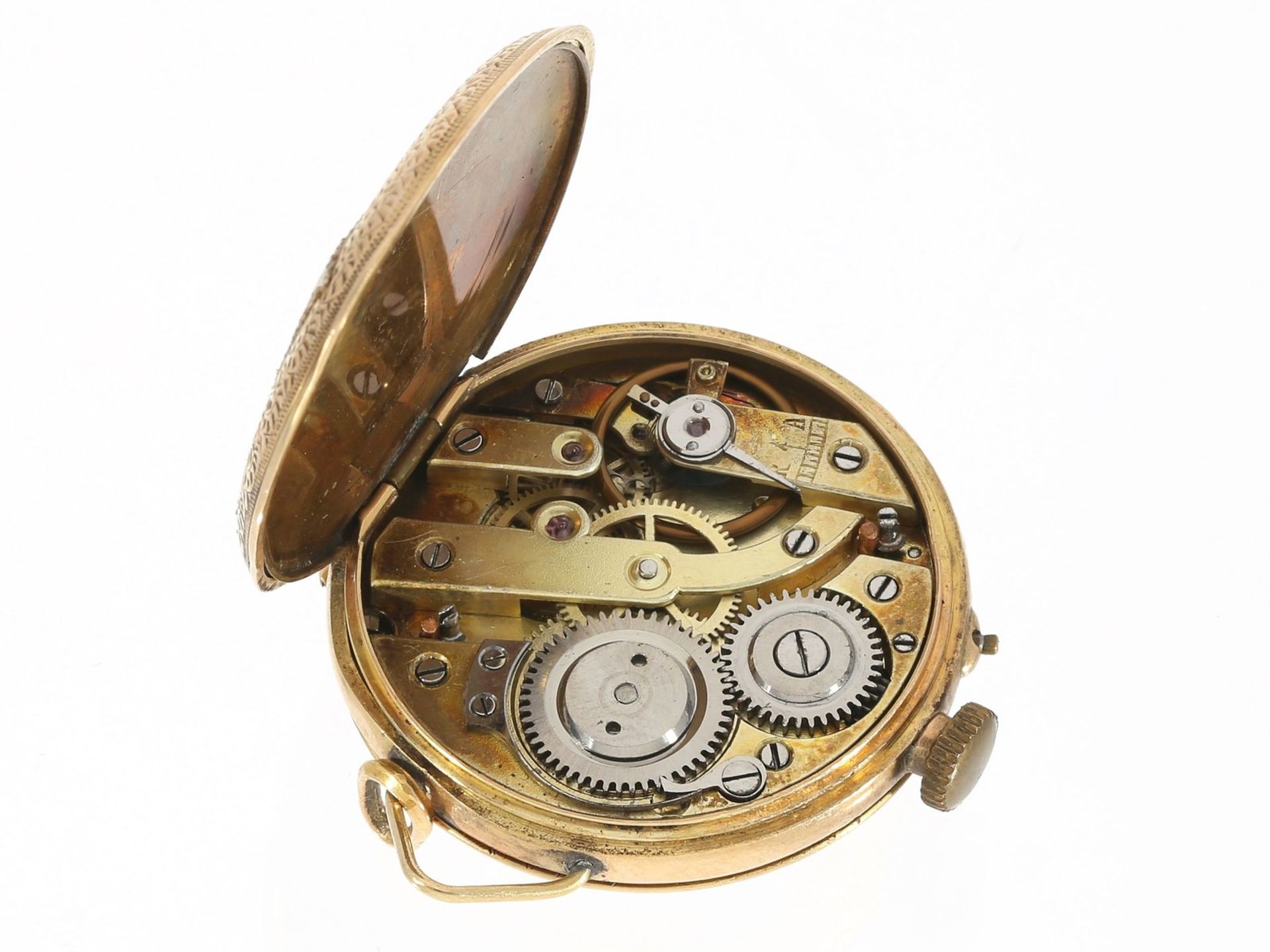 Taschenuhr/Anhängeuhr: goldene Damenuhr 1900Ca. Ø32mm, ca. 24g, 14K Gold, rückseitig prächtig - Bild 2 aus 2