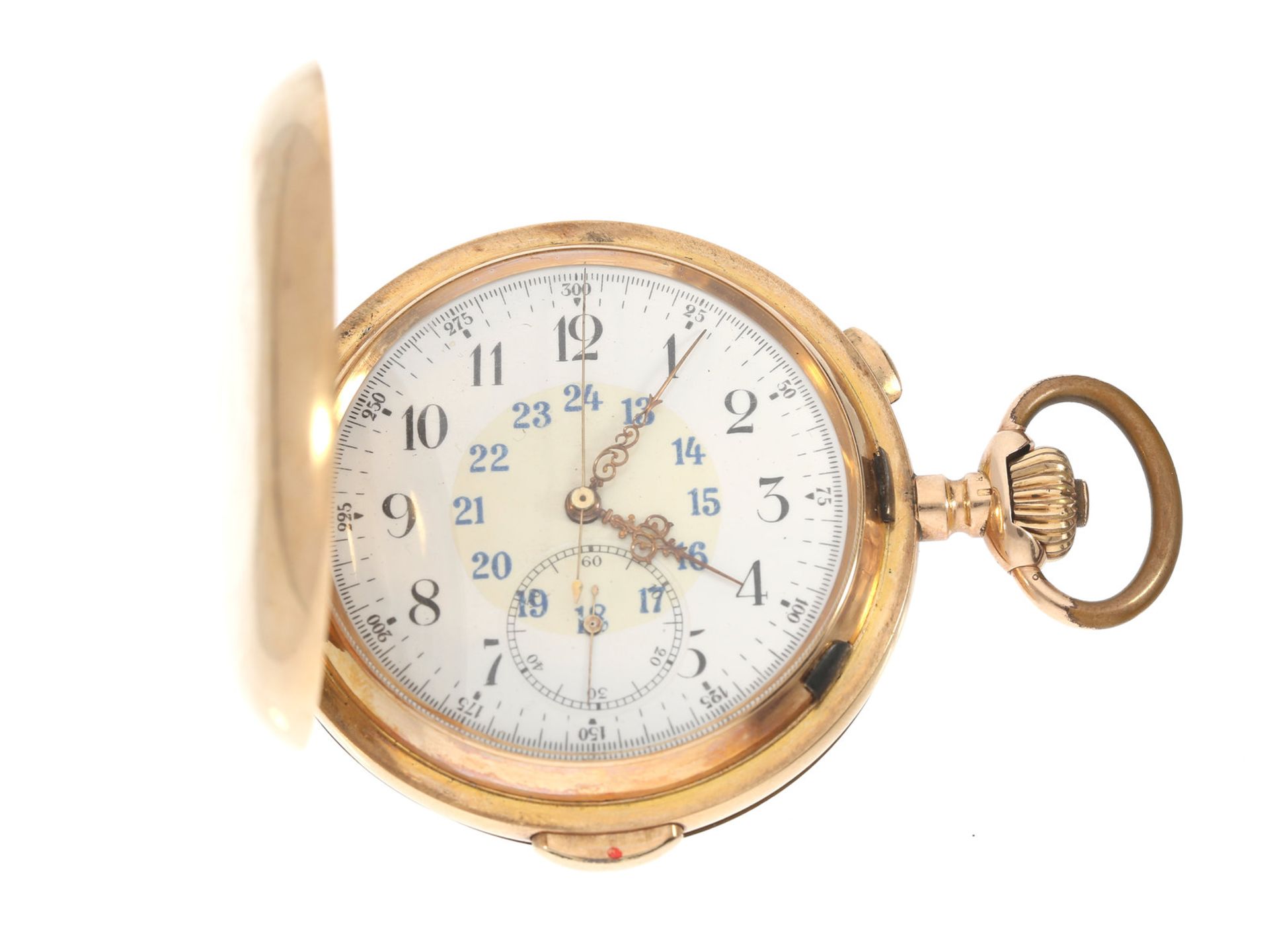 Taschenuhr: besonders große und schwere Goldsavonnette mit Repetition und Chronograph, Marke