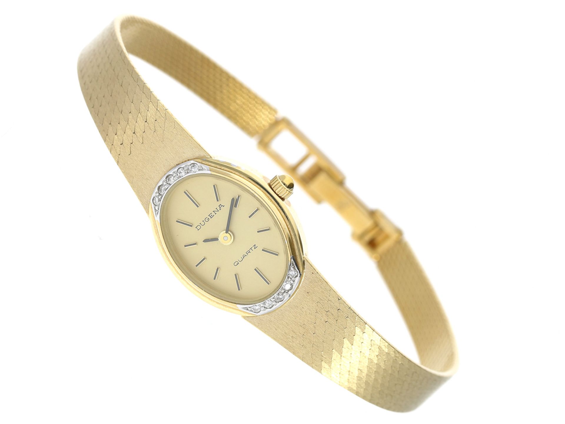 Armbanduhr: hochwertige vintage Dugena Damenuhr in 14K Gold, besetzt mit kleinen Brillanten, new-