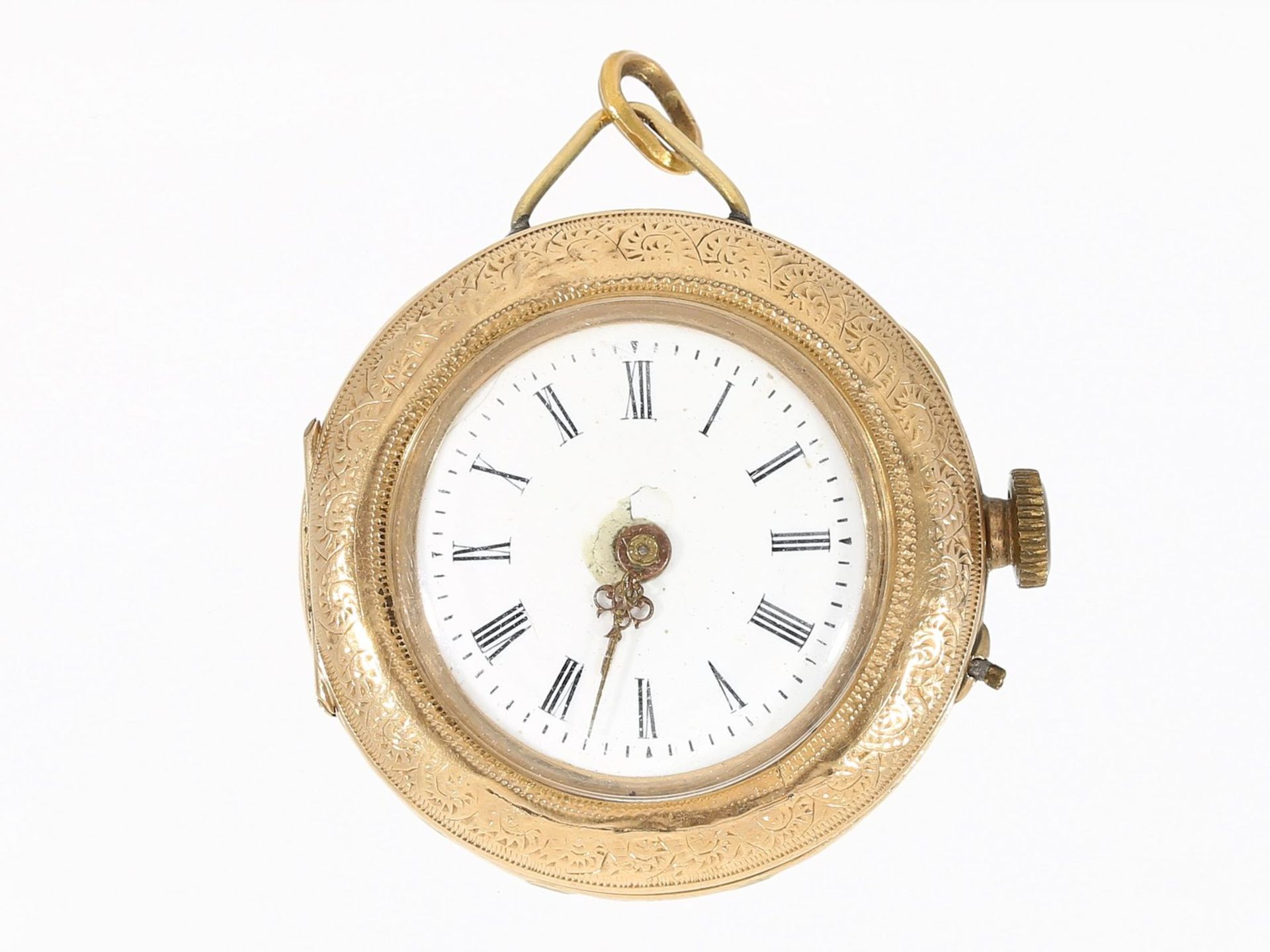 Taschenuhr/Anhängeuhr: goldene Damenuhr 1900Ca. Ø32mm, ca. 24g, 14K Gold, rückseitig prächtig