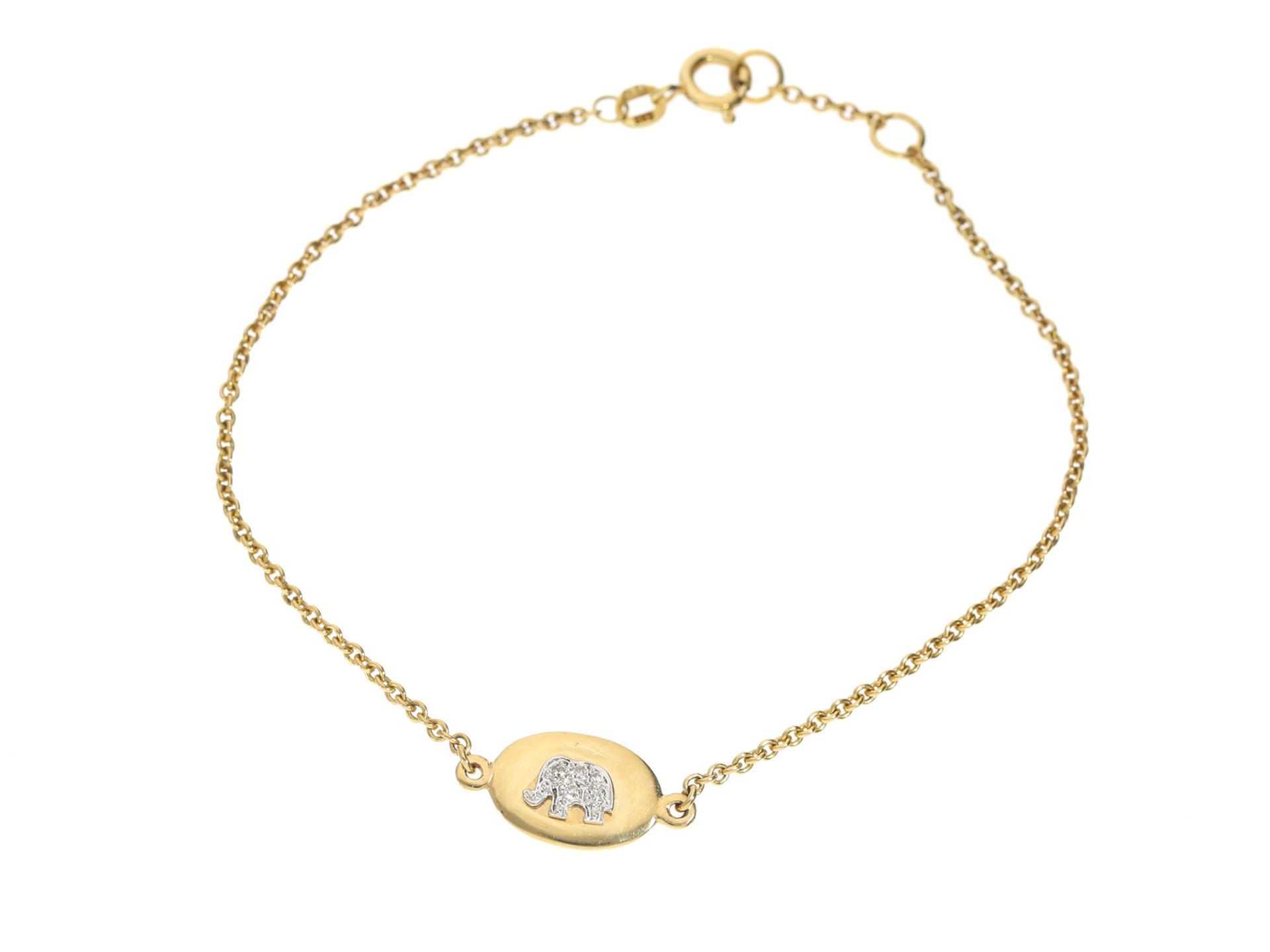 Armband: neuwertiges und feines Diamant-Goldarmband Motiv "Elefant"Ca. 19cm lang, ca. 2,6g, 14K
