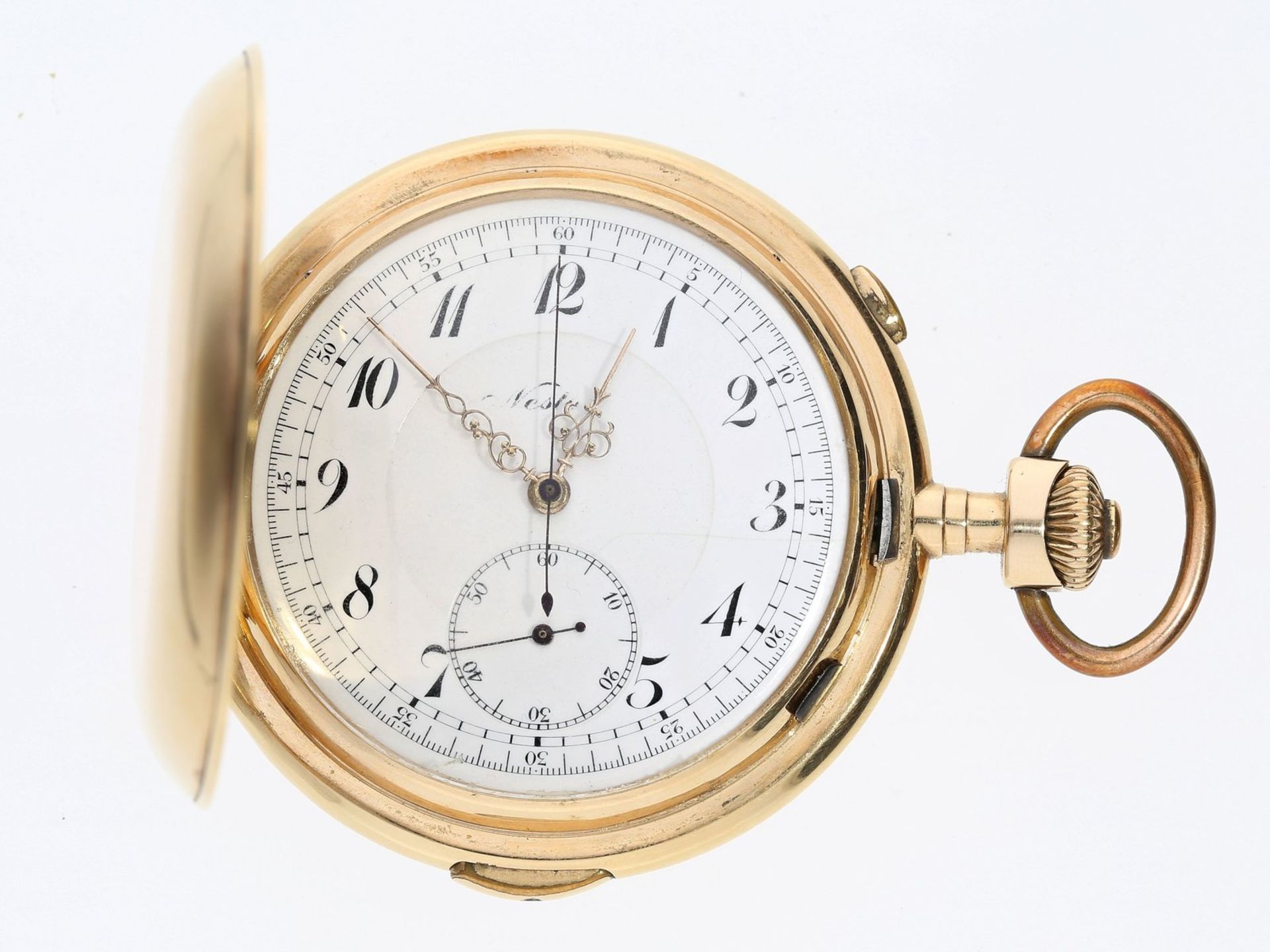 Taschenuhr: besonders große und schwere Goldsavonnette mit Repetition und Chronograph, Nestor SA /