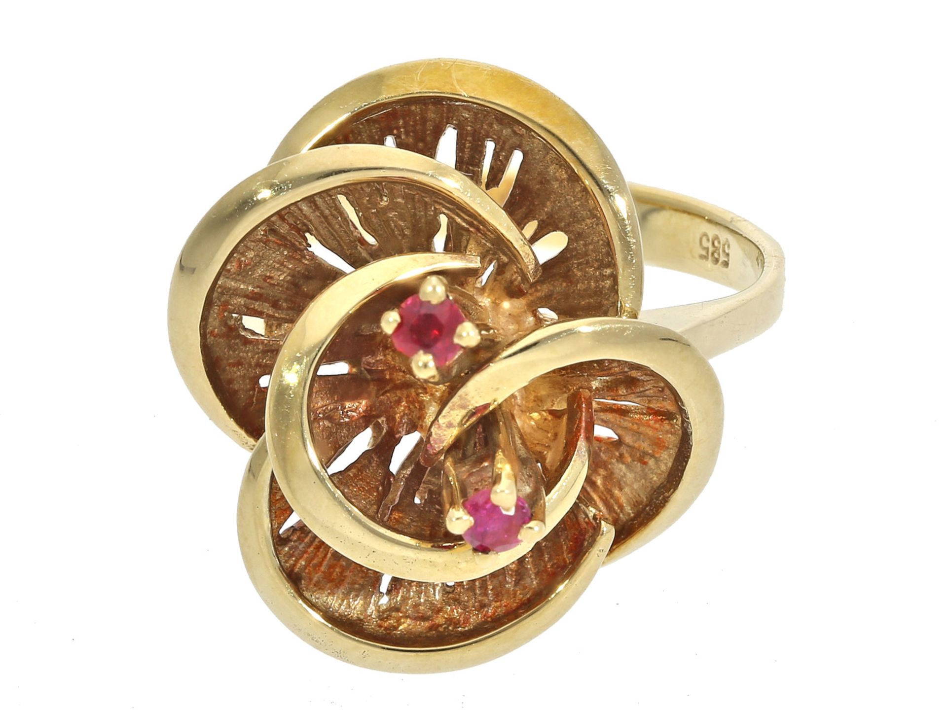 Ring: sehr schöner vintage Rubin-BlütenringCa. Ø17mm, RG54, ca. 6g, 14K Gold, vintage Handarbeit,