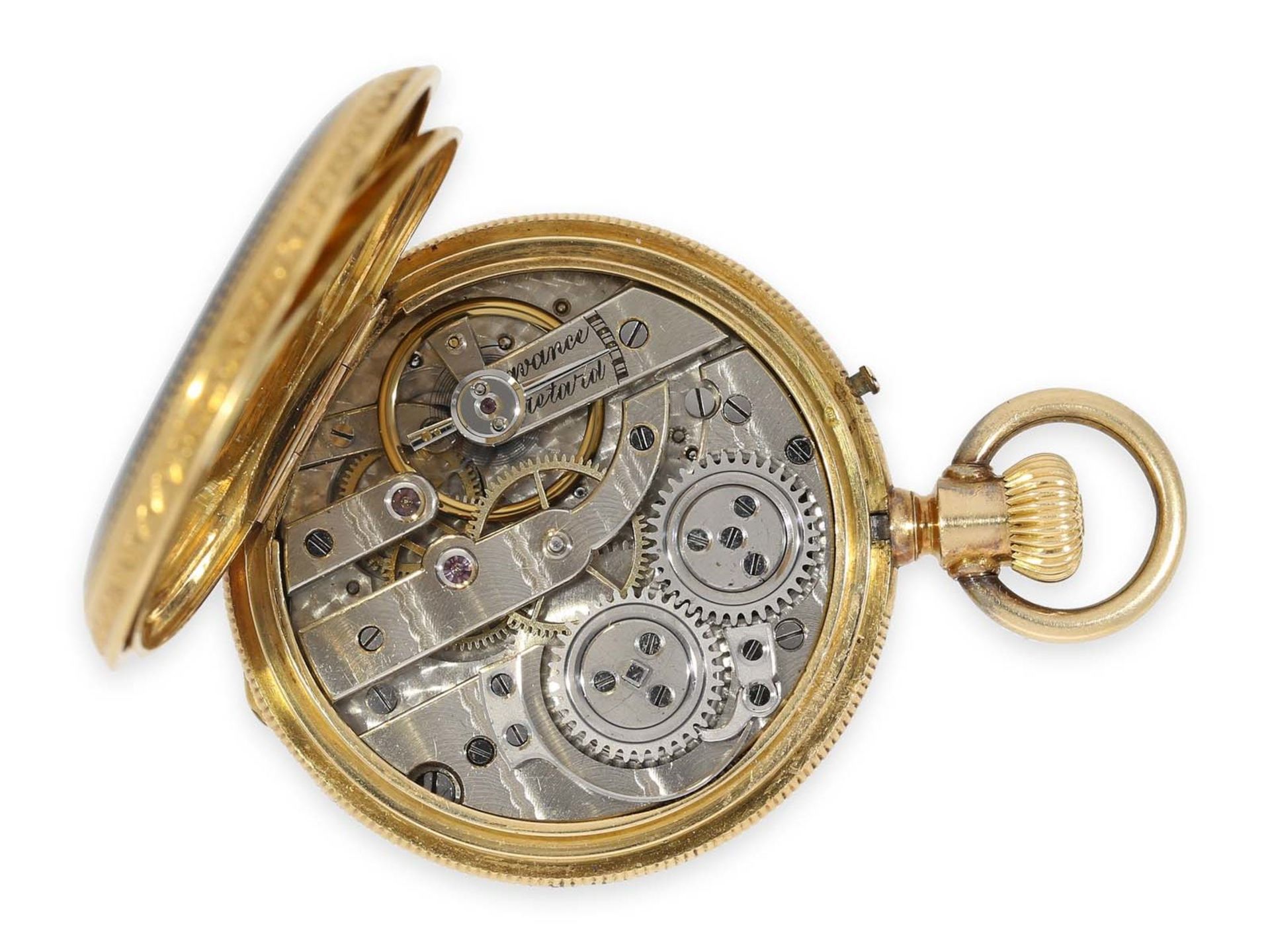 Taschenuhr: einzigartige und sehr kostbare Gold/Emaille-Savonnette, mit Diamantbesatz, gefertigt für - Bild 4 aus 5