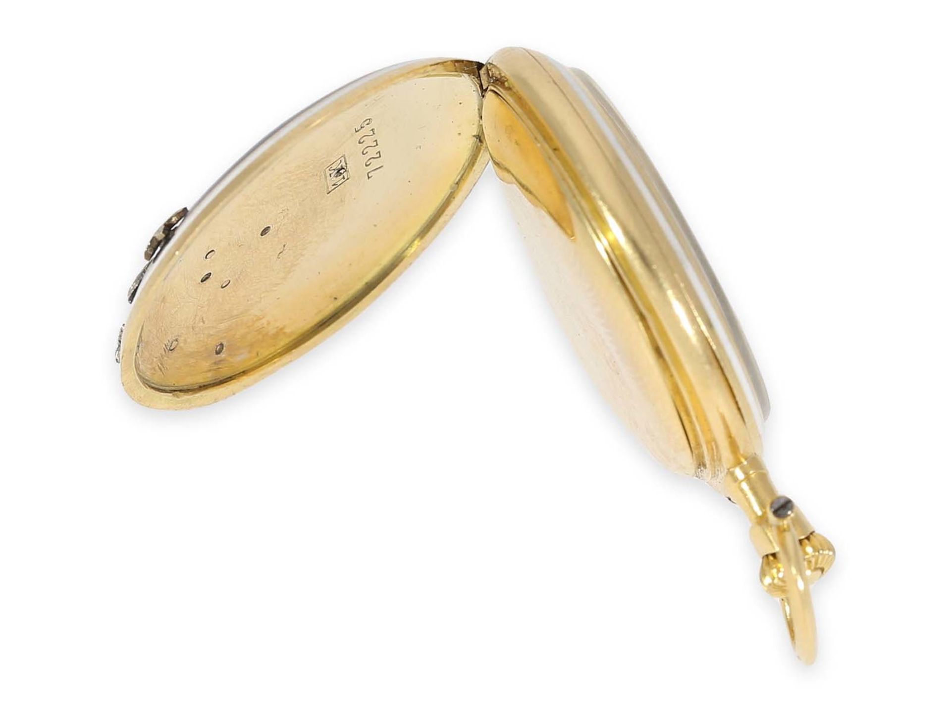 Taschenuhr/Anhängeuhr: hochfeine Belle Epoque Gold/Emailleuhr mit Diamantbesatz, vermutl. Le - Bild 4 aus 4