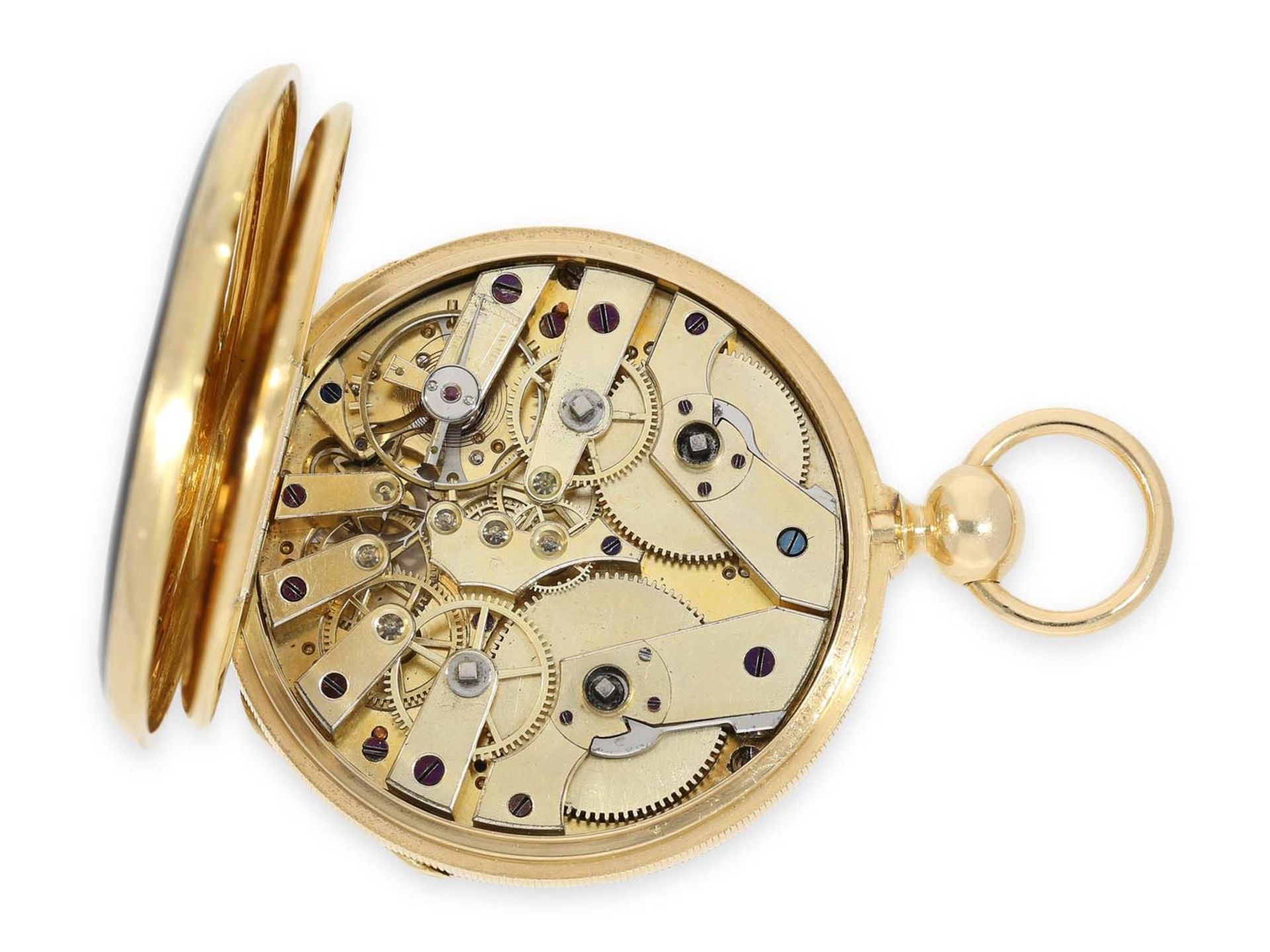 Taschenuhr: einzigartige, frühe Gold/Emaille-Taschenuhr mit Seconde Morte und 2 Zeitzonen, Jacot - Bild 3 aus 6