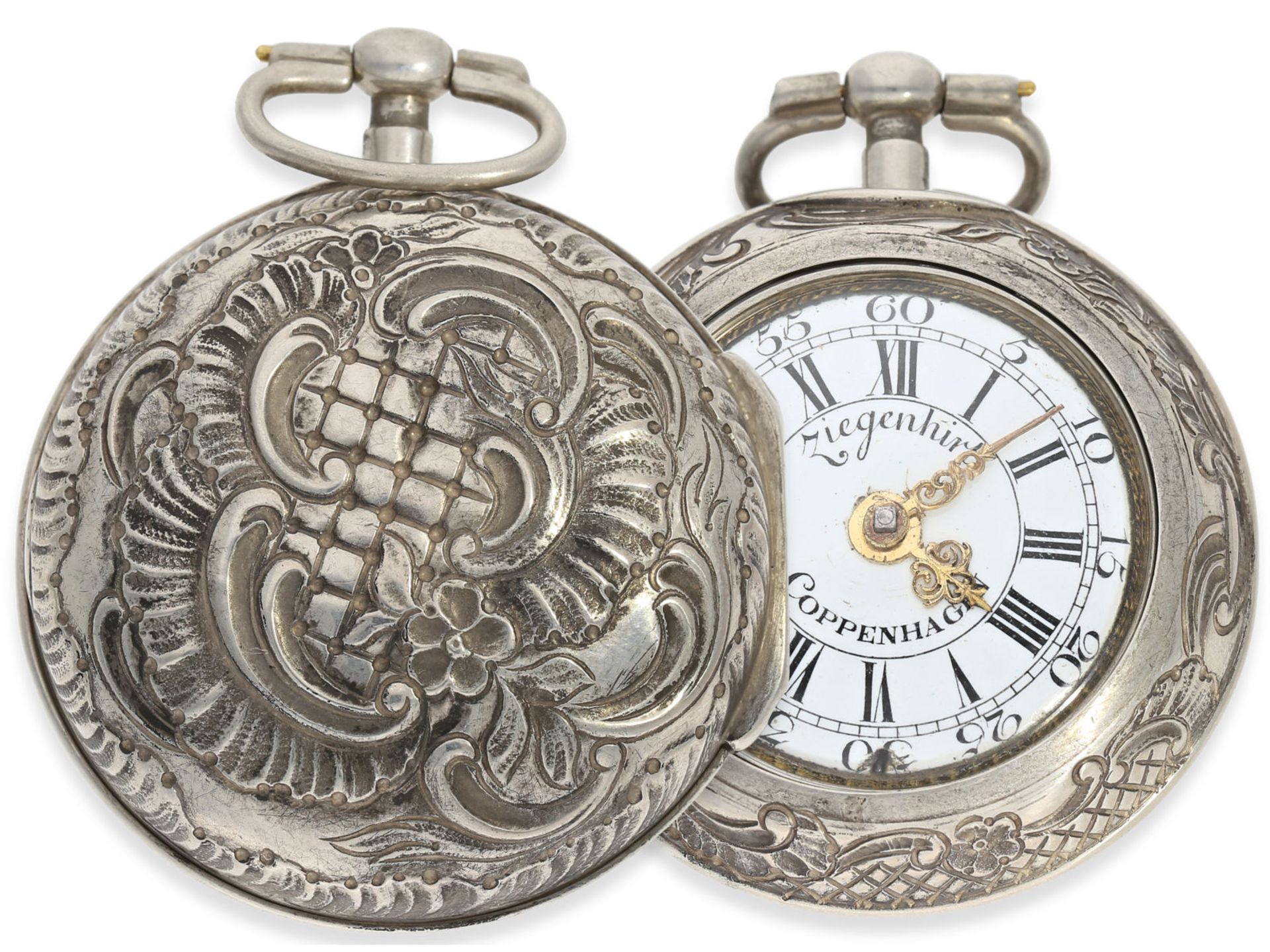 Taschenuhr: außergewöhnliche und sehr seltene, frühe deutsch-dänische Doppelgehäuse Repoussé