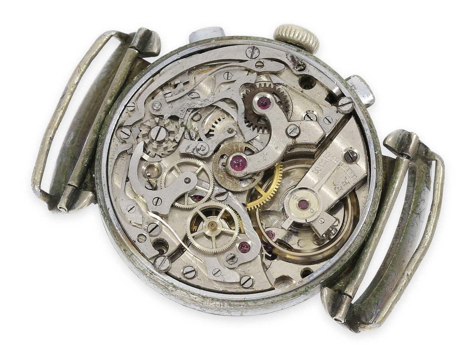 Armbanduhr: sehr seltener Militär-Chronograph mit ungewöhnlichen Bandanstößen und schwarzem - Bild 2 aus 5