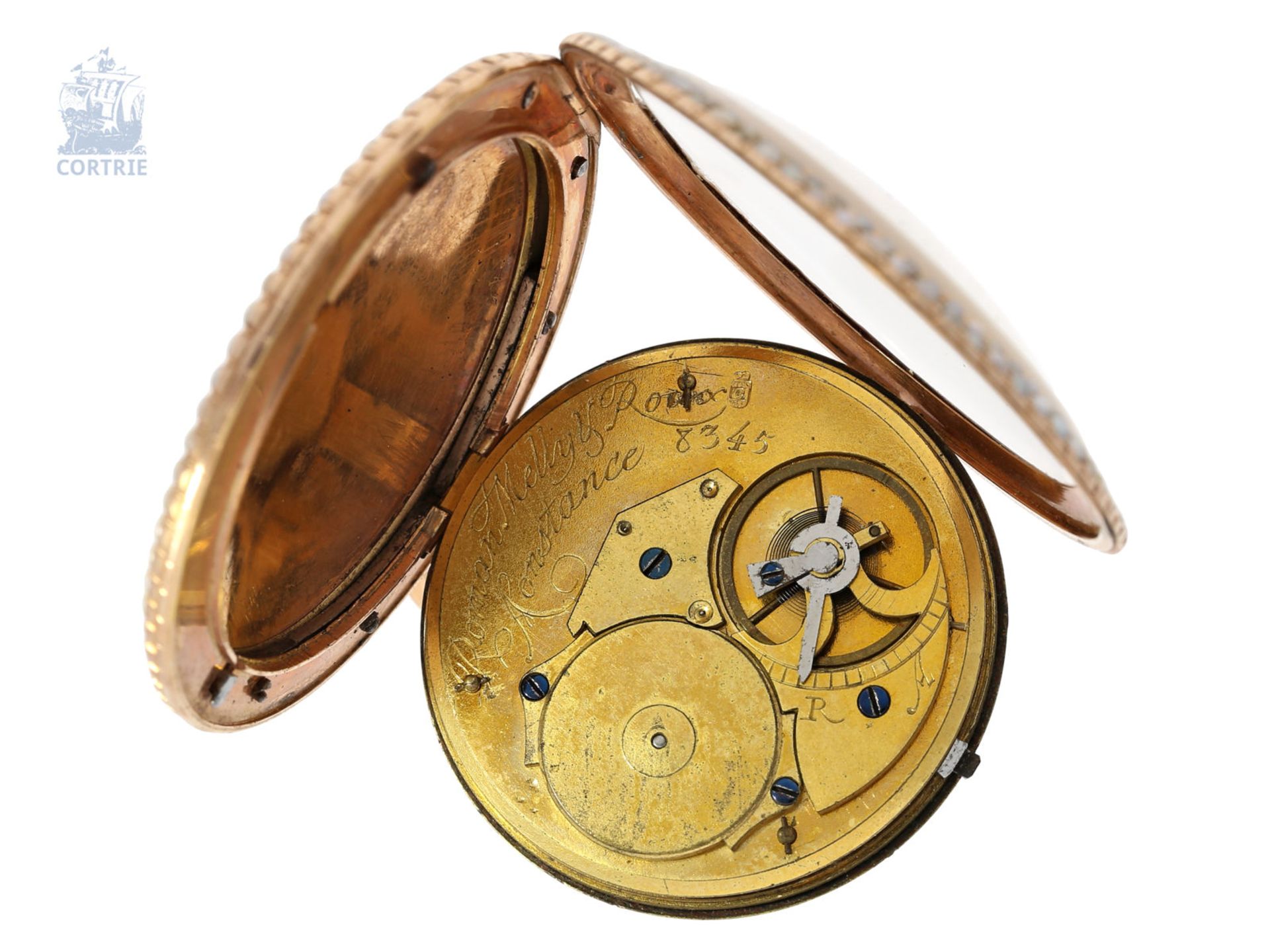 Taschenuhr: hochfeine, exquisite flache deutsche Gold/Emaille-Taschenuhr mit seltener Kommahemmung - Bild 3 aus 6