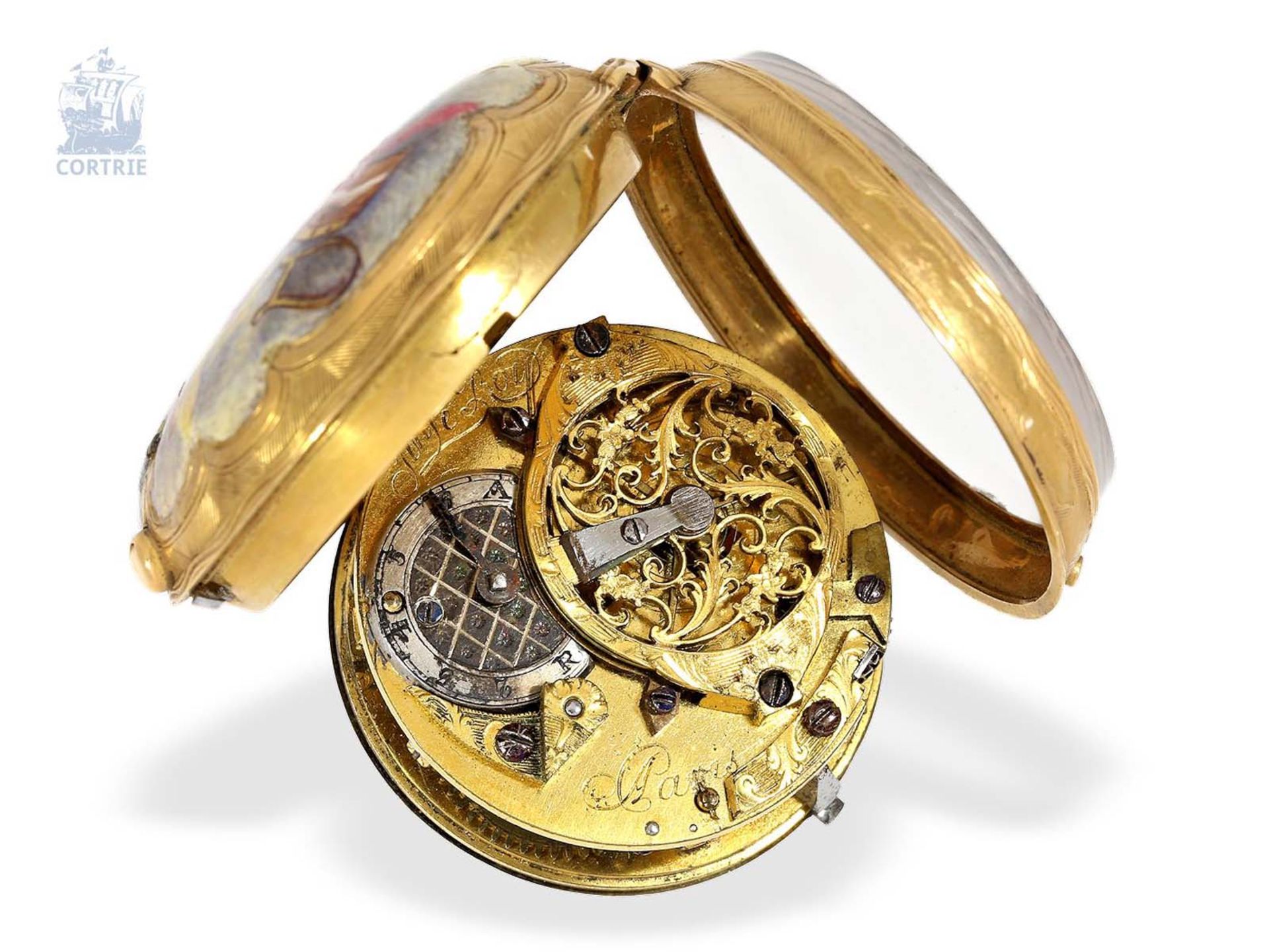 Taschenuhr: frühe Rokoko Gold/Emaille-Spindeluhr mit erotischem Motiv, königlicher Uhrmacher - Bild 2 aus 4