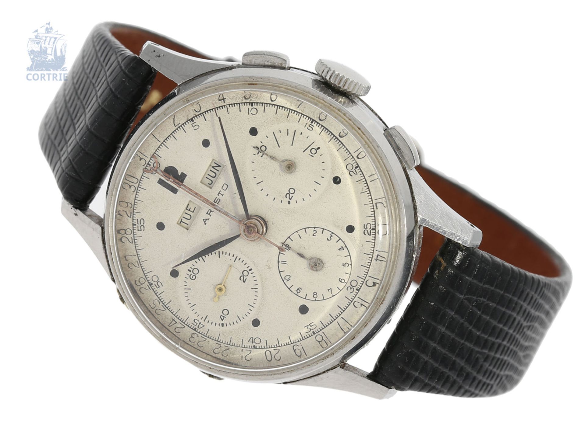 Armbanduhr: sehr seltener, großer vintage Edelstahl-Chronograph mit zusätzlichem Vollkalender "