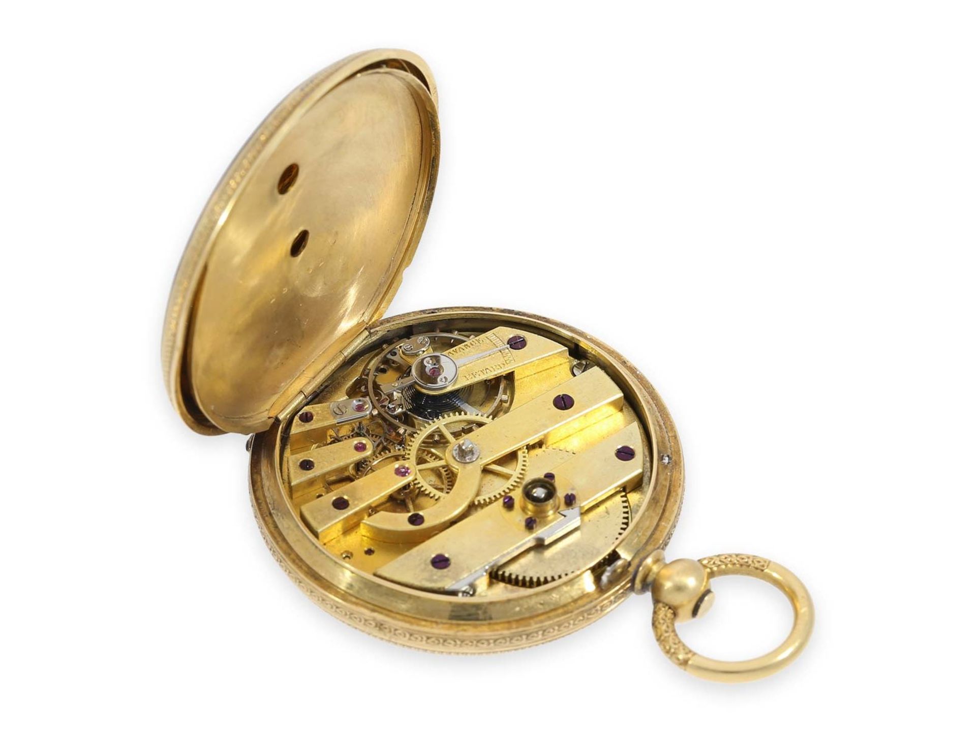 Taschenuhr: frühe, äußerst seltene Gold/Emaille-Savonnette mit dazugehöriger Gold/Emaille-Kette, - Bild 2 aus 9