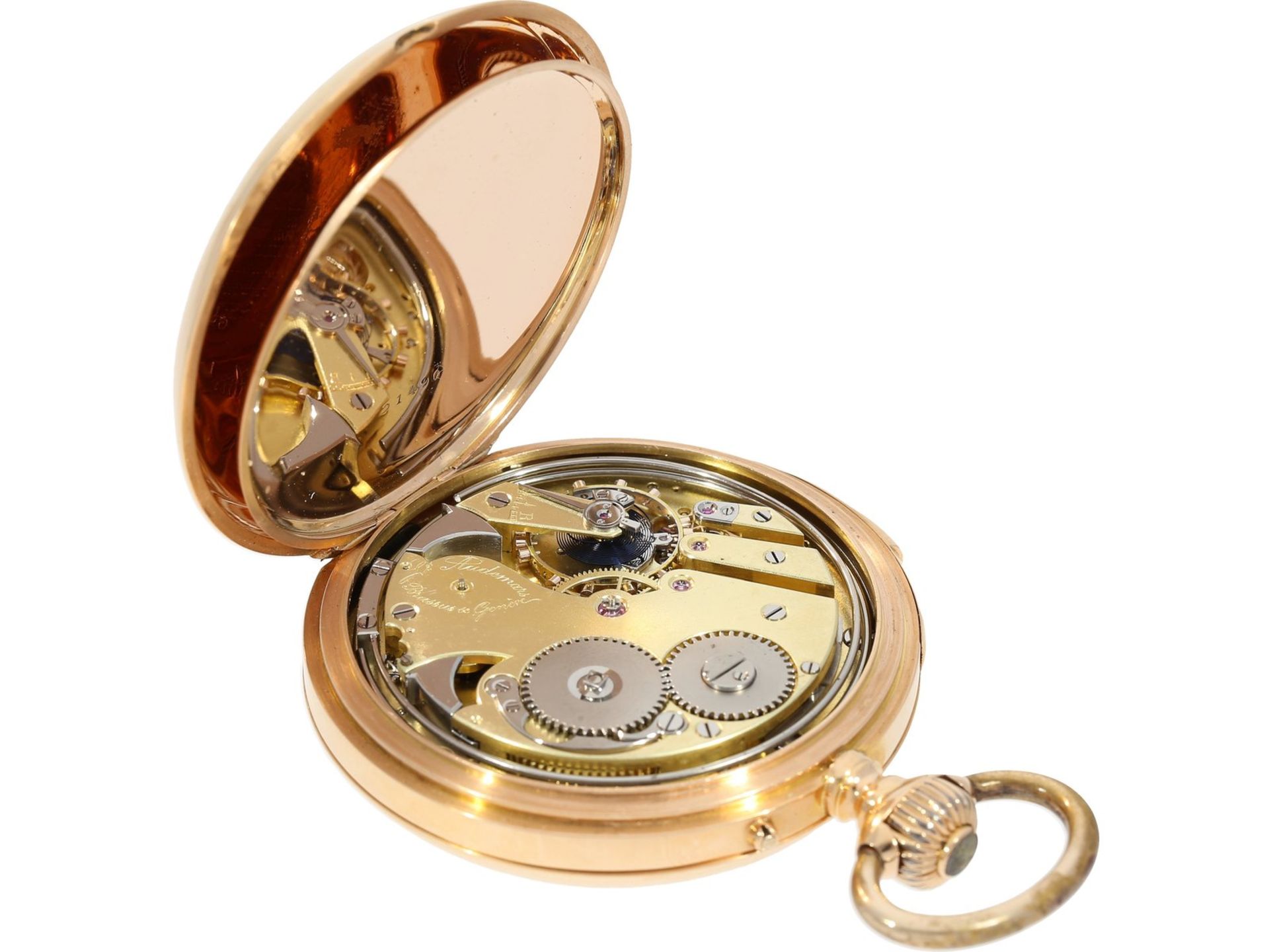 Taschenuhr: hochfeine rotgoldene Savonnette mit Minutenrepetition, Louis Audemars No. 21490, ca. - Bild 5 aus 8