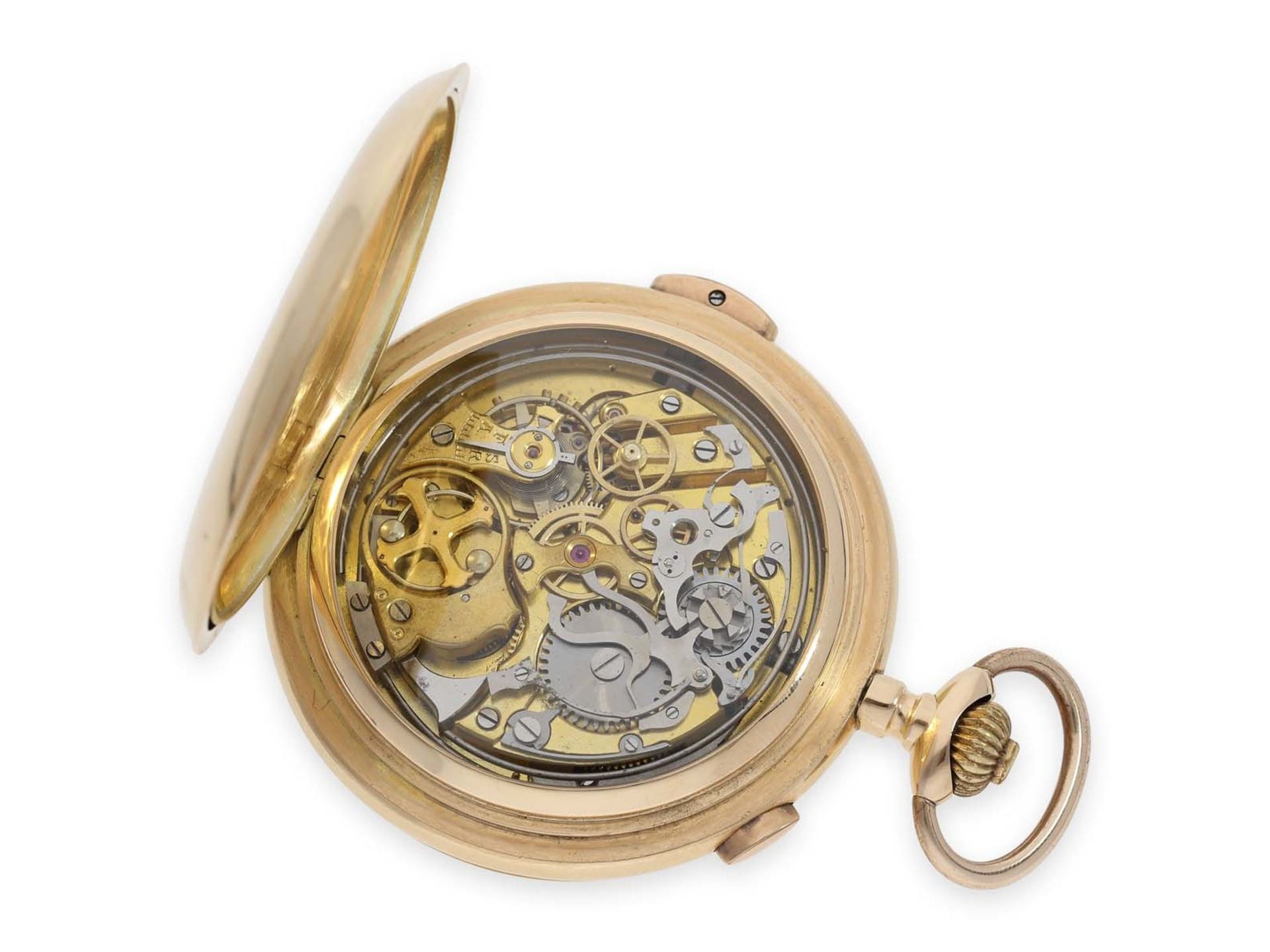 Taschenuhr: besonders große und schwere Goldsavonnette mit Repetition und Chronograph, Schweiz ca. - Bild 2 aus 7