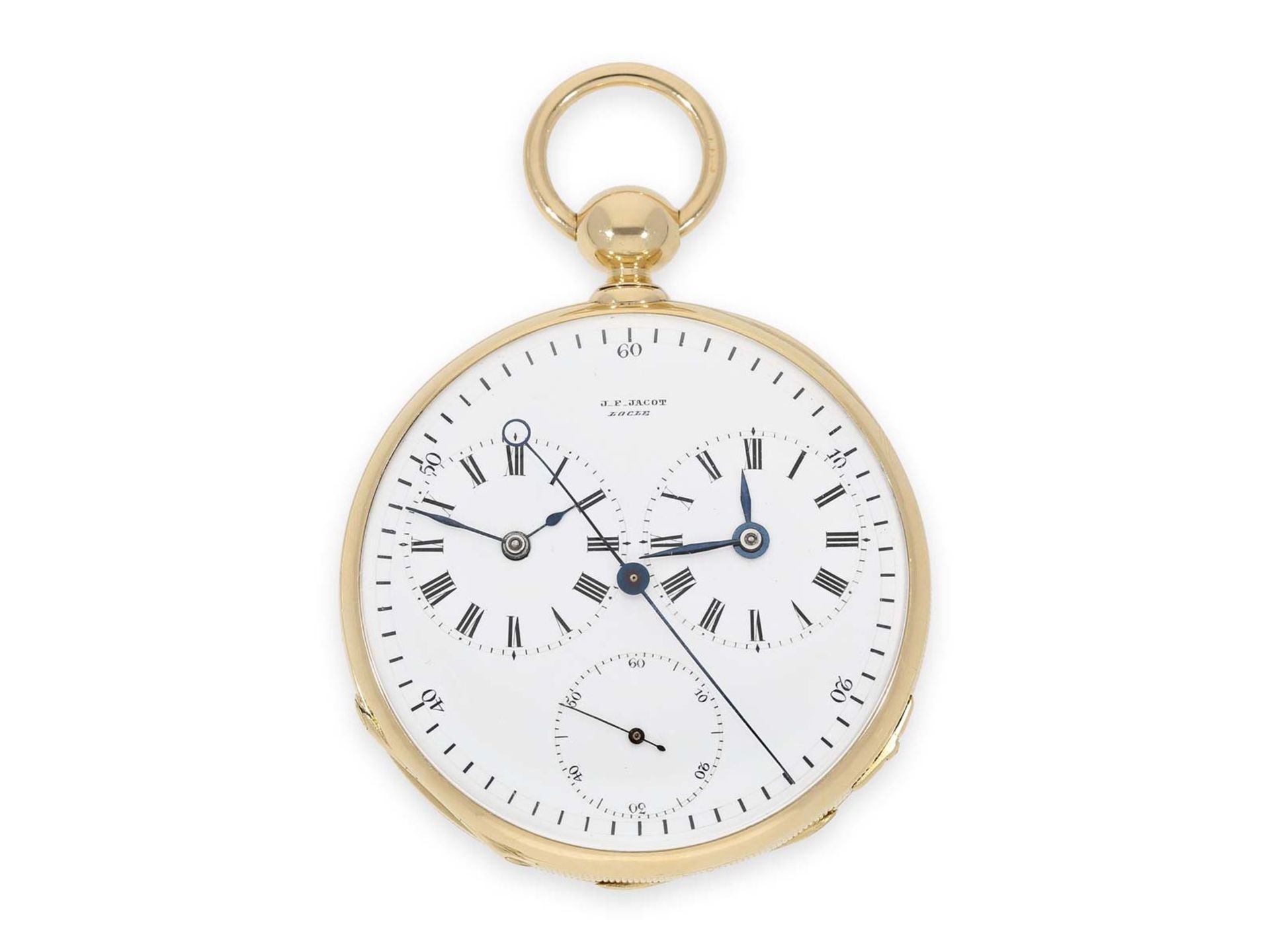 Taschenuhr: einzigartige, frühe Gold/Emaille-Taschenuhr mit Seconde Morte und 2 Zeitzonen, Jacot - Bild 2 aus 6