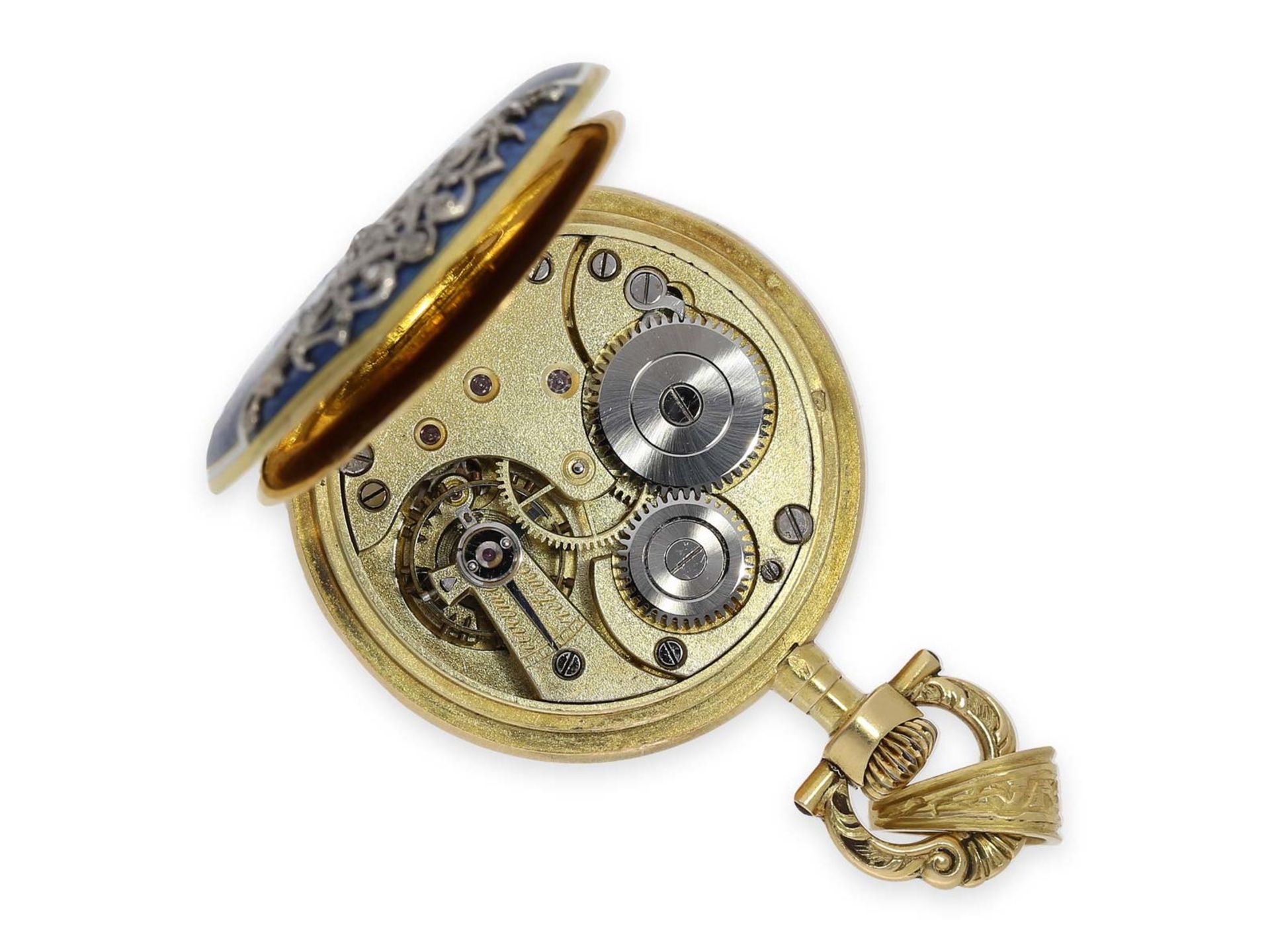 Taschenuhr/Anhängeuhr: extrem rare Omega Gold/Emaille/Platin-Damenuhr mit Diamantbesatz, Art - Bild 3 aus 4