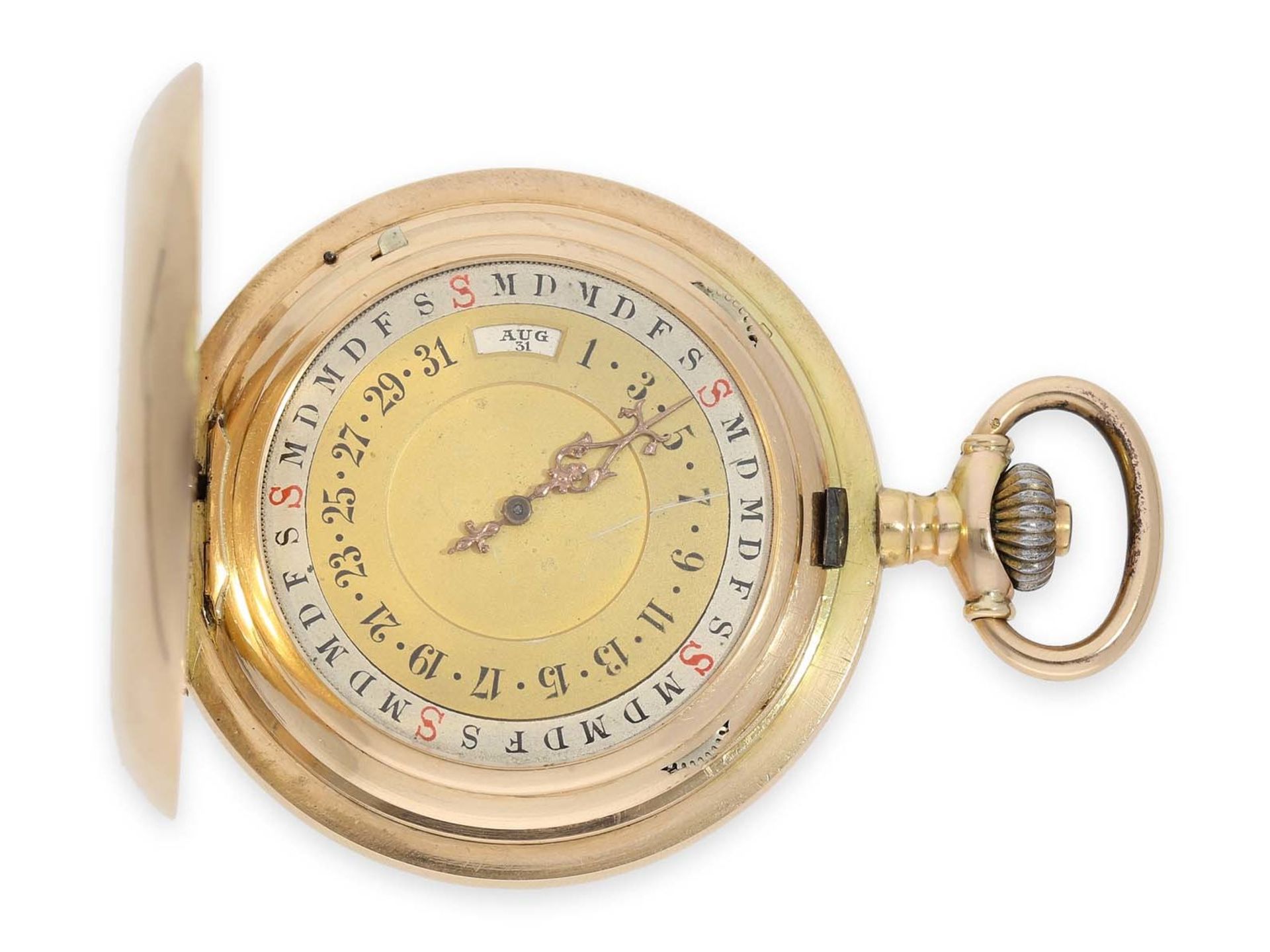 Taschenuhr: seltene, doppelseitige astronomische Goldsavonnette mit Kalendarium nach dem Patent - Bild 3 aus 7