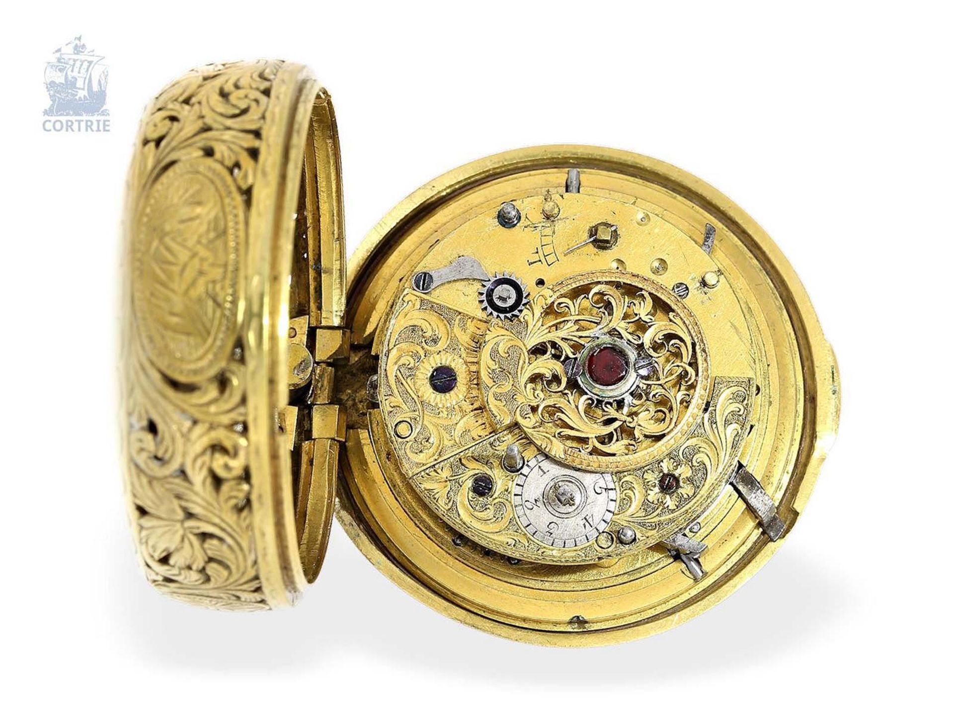 Taschenuhr: dekorative Doppelgehäuse-Spindeluhr mit Repetition, gefertigt für den osmanischen Markt, - Bild 2 aus 6