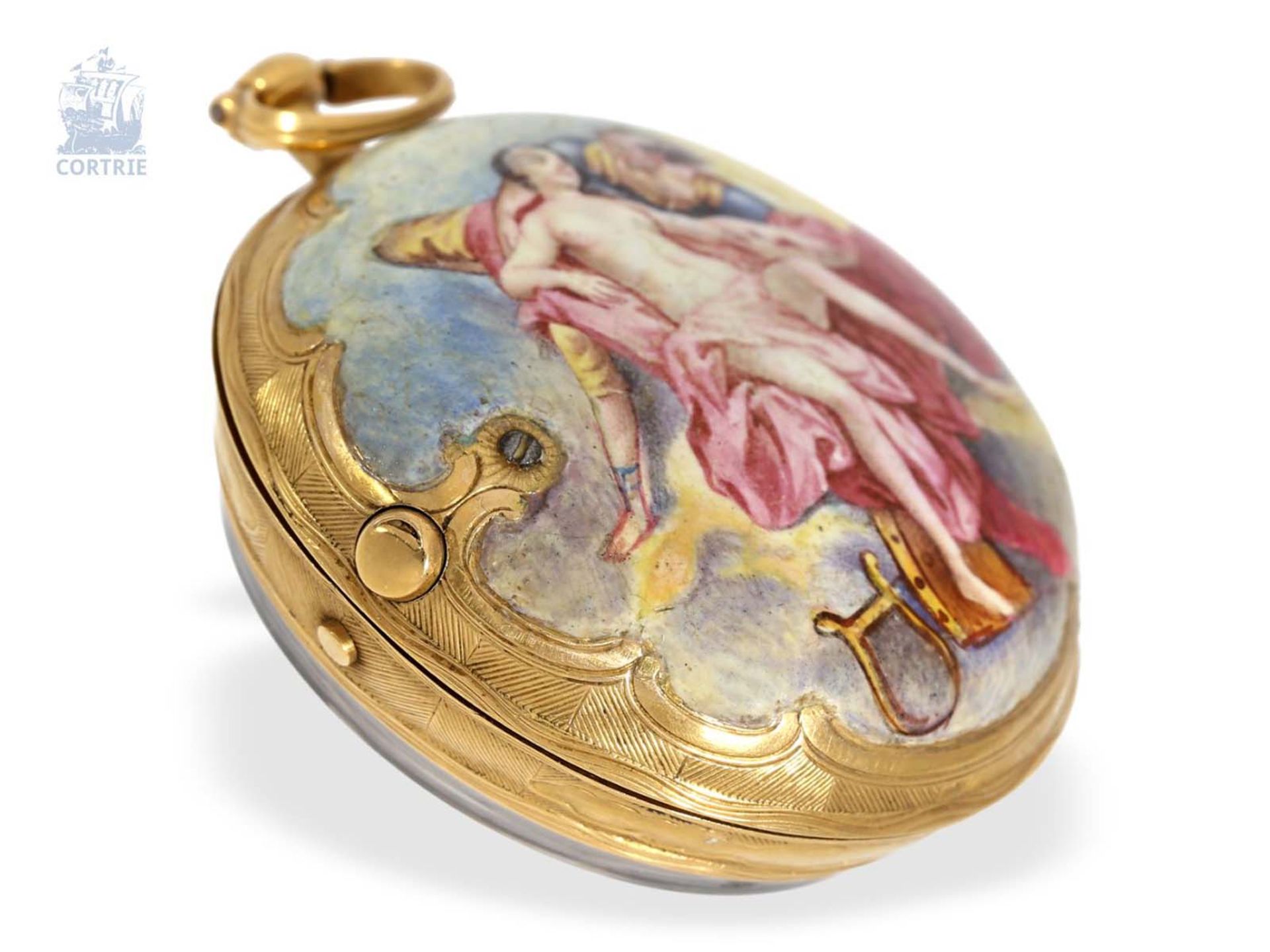 Taschenuhr: frühe Rokoko Gold/Emaille-Spindeluhr mit erotischem Motiv, königlicher Uhrmacher - Bild 3 aus 4