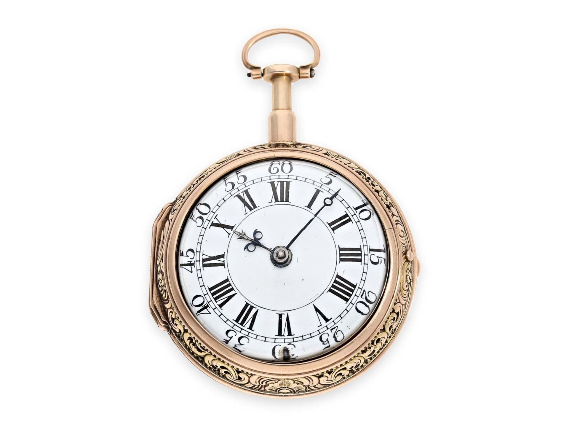 Taschenuhr: museale, große goldene Friedberger Doppelgehäuse-Spindeltaschenuhr mit - Bild 2 aus 6