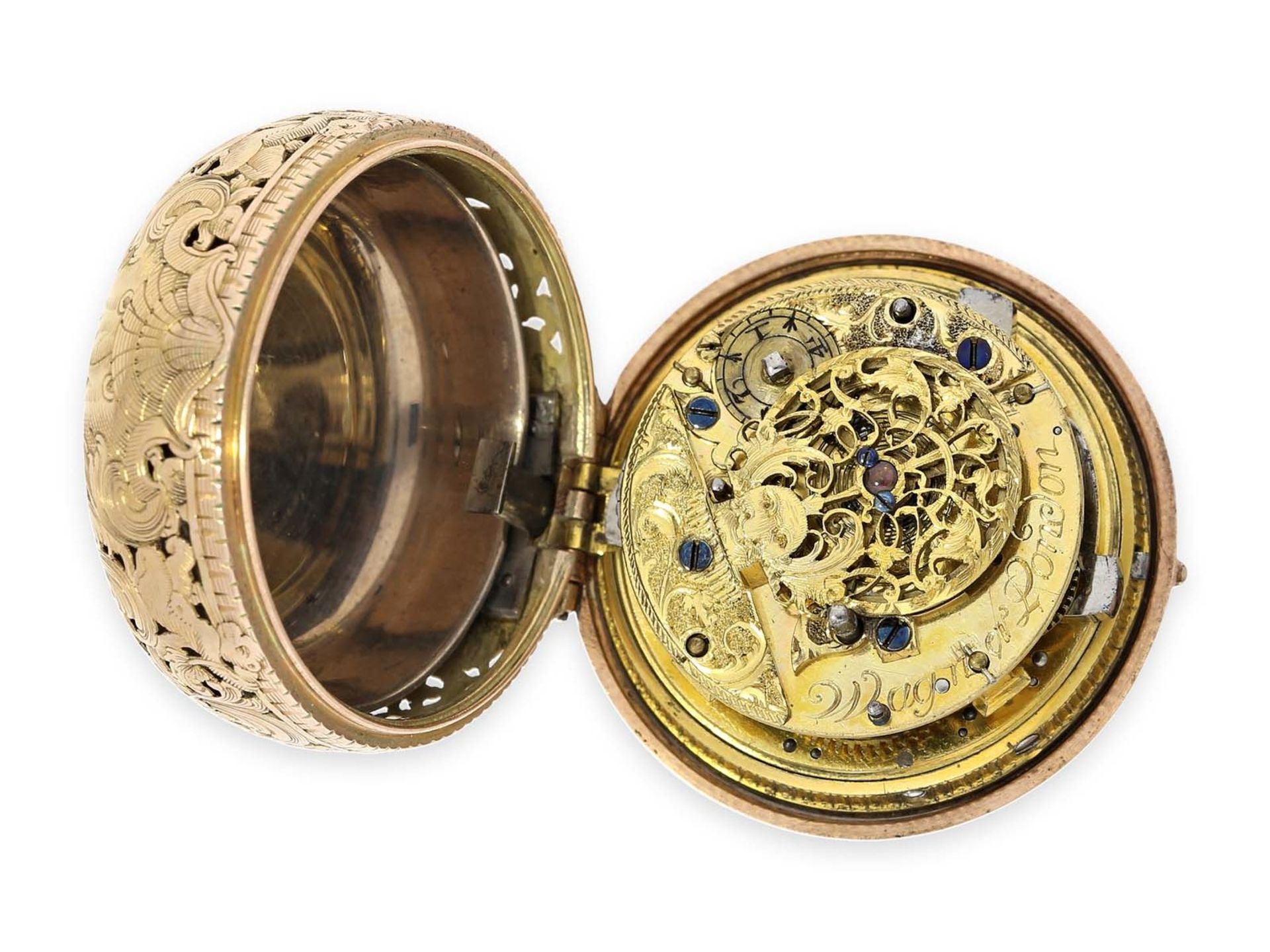 Taschenuhr: museale, große goldene Friedberger Doppelgehäuse-Spindeltaschenuhr mit - Bild 3 aus 6