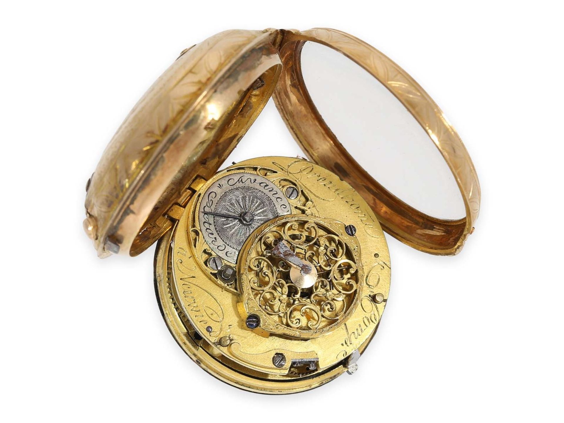 Taschenuhr: sehr seltene, goldene Spindeluhr mit Zeigerdatum, Louis & Elie Preudhom(m)e Neuwied & - Bild 3 aus 3