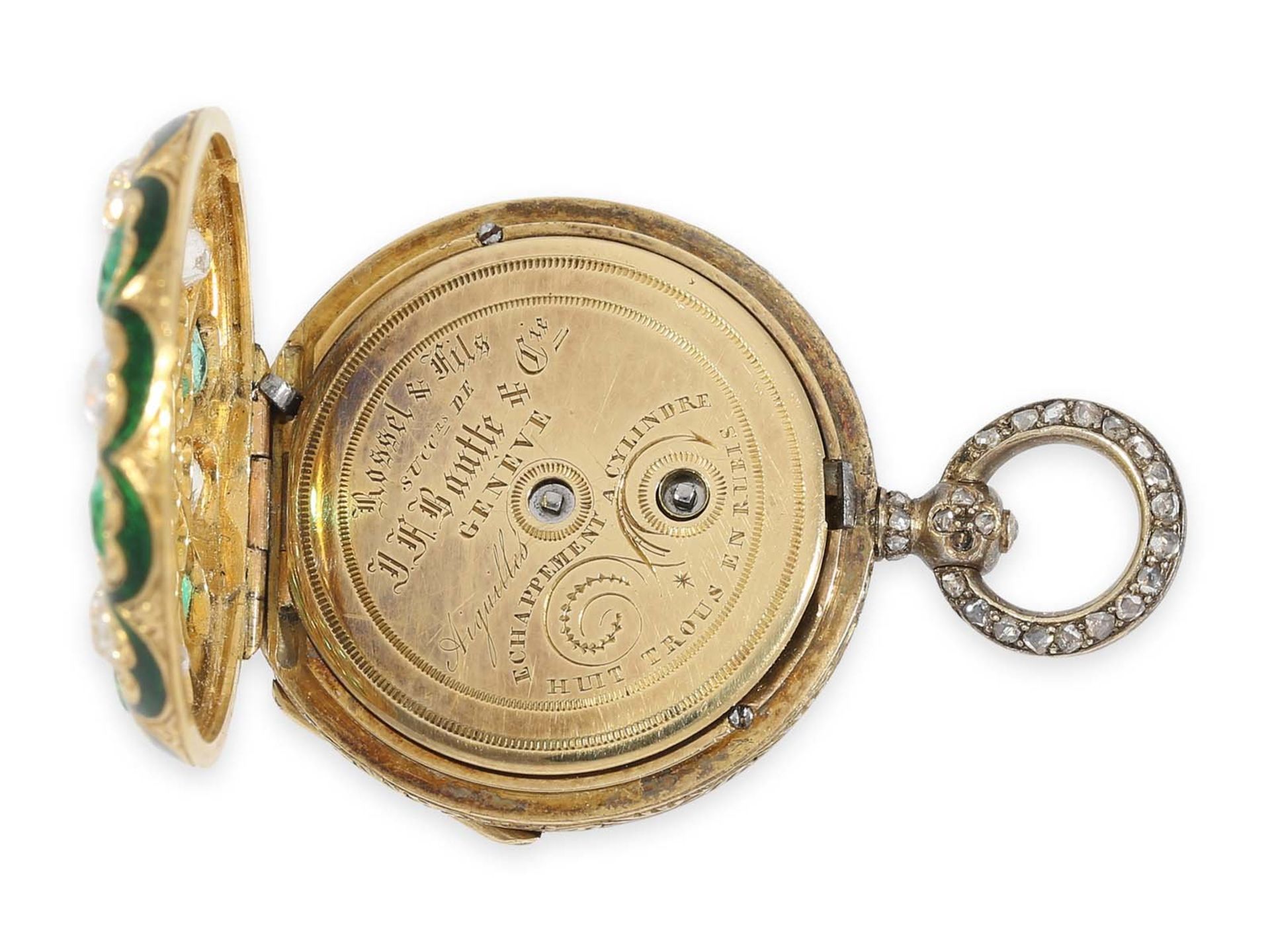 Taschenuhr/Anhängeuhr: äußerst kostbare und einzigartige Gold/Emaille-Damenuhr mit sehr wertvollem - Bild 4 aus 4