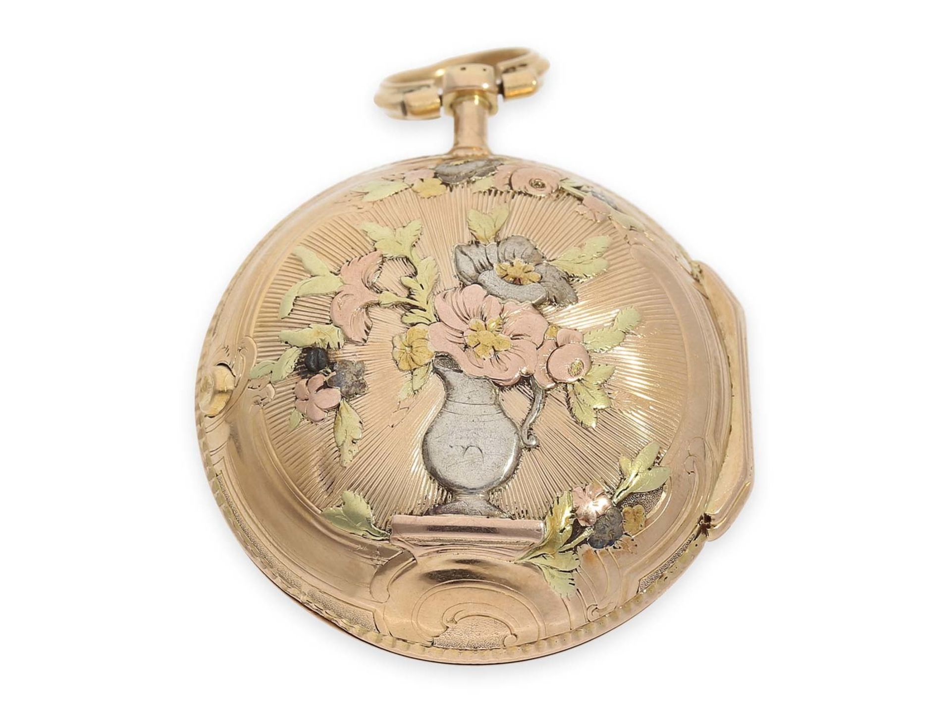 Taschenuhr: ausgesprochen schöne Louis XV Spindeluhr mit 4-Farben-Goldgehäuse, signiert Hentschel