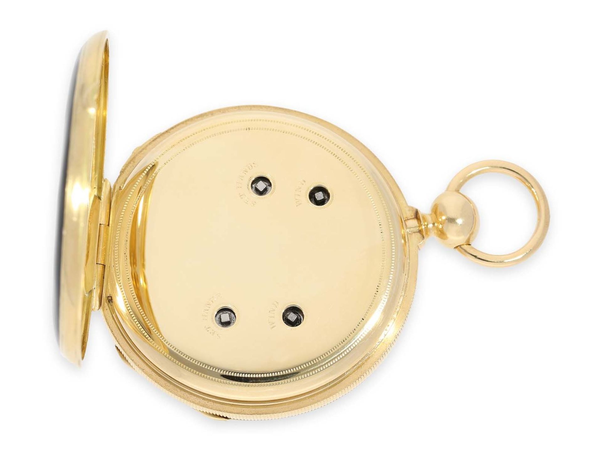 Taschenuhr: einzigartige, frühe Gold/Emaille-Taschenuhr mit Seconde Morte und 2 Zeitzonen, Jacot - Bild 6 aus 6