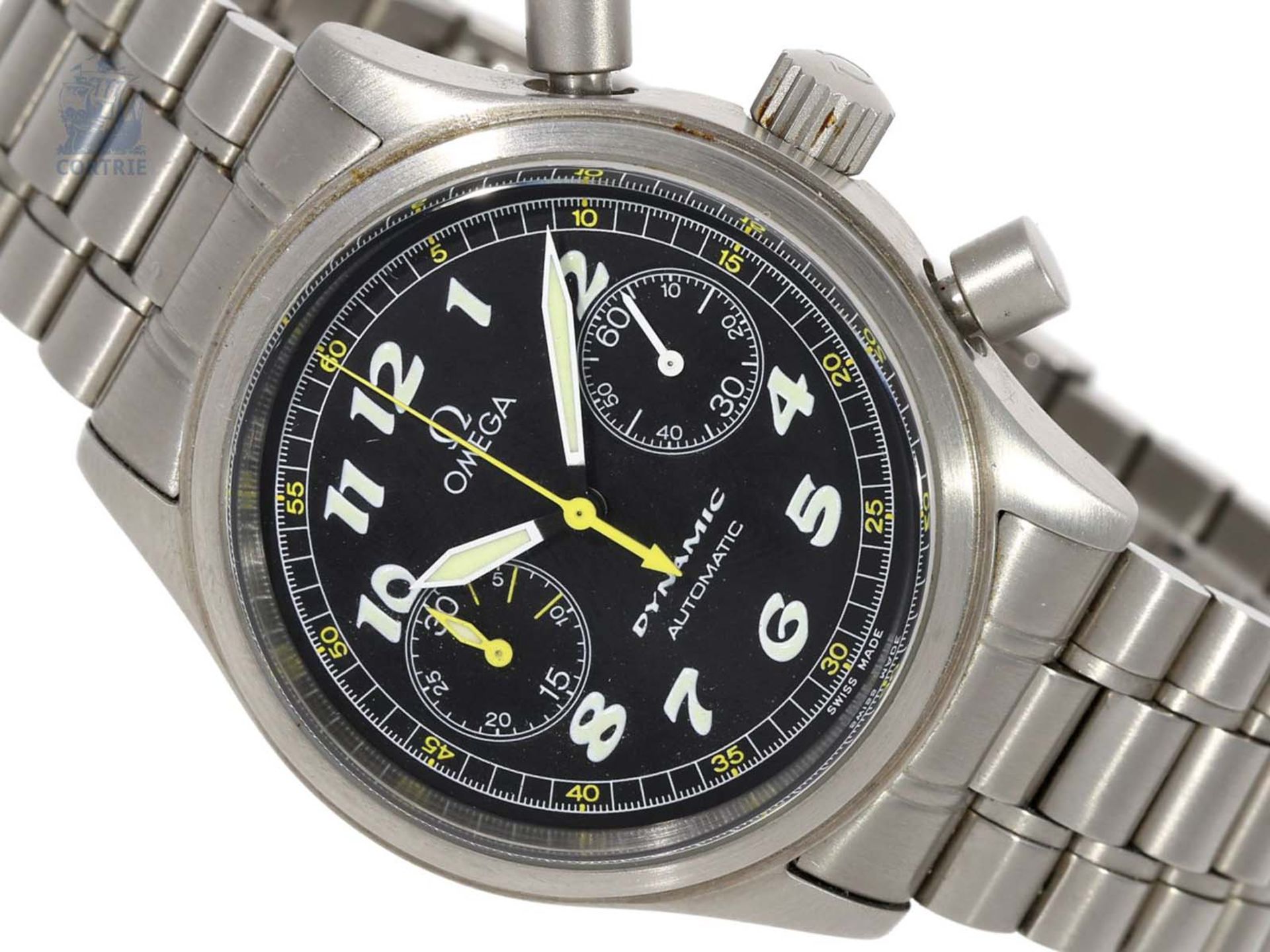 Armbanduhr: großer Sport-Chronograph, Omega Dynamic Automatik in Edelstahl mit Originalbox, ca.