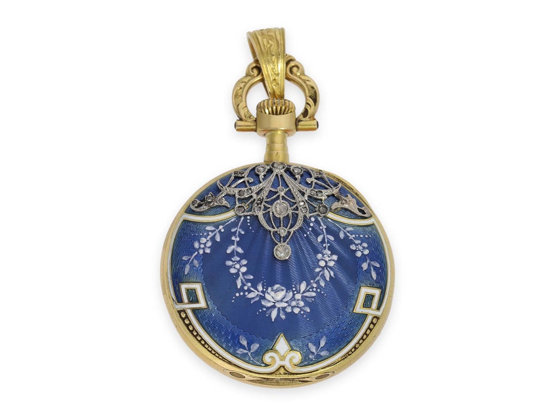 Taschenuhr/Anhängeuhr: extrem rare Omega Gold/Emaille/Platin-Damenuhr mit Diamantbesatz, Art