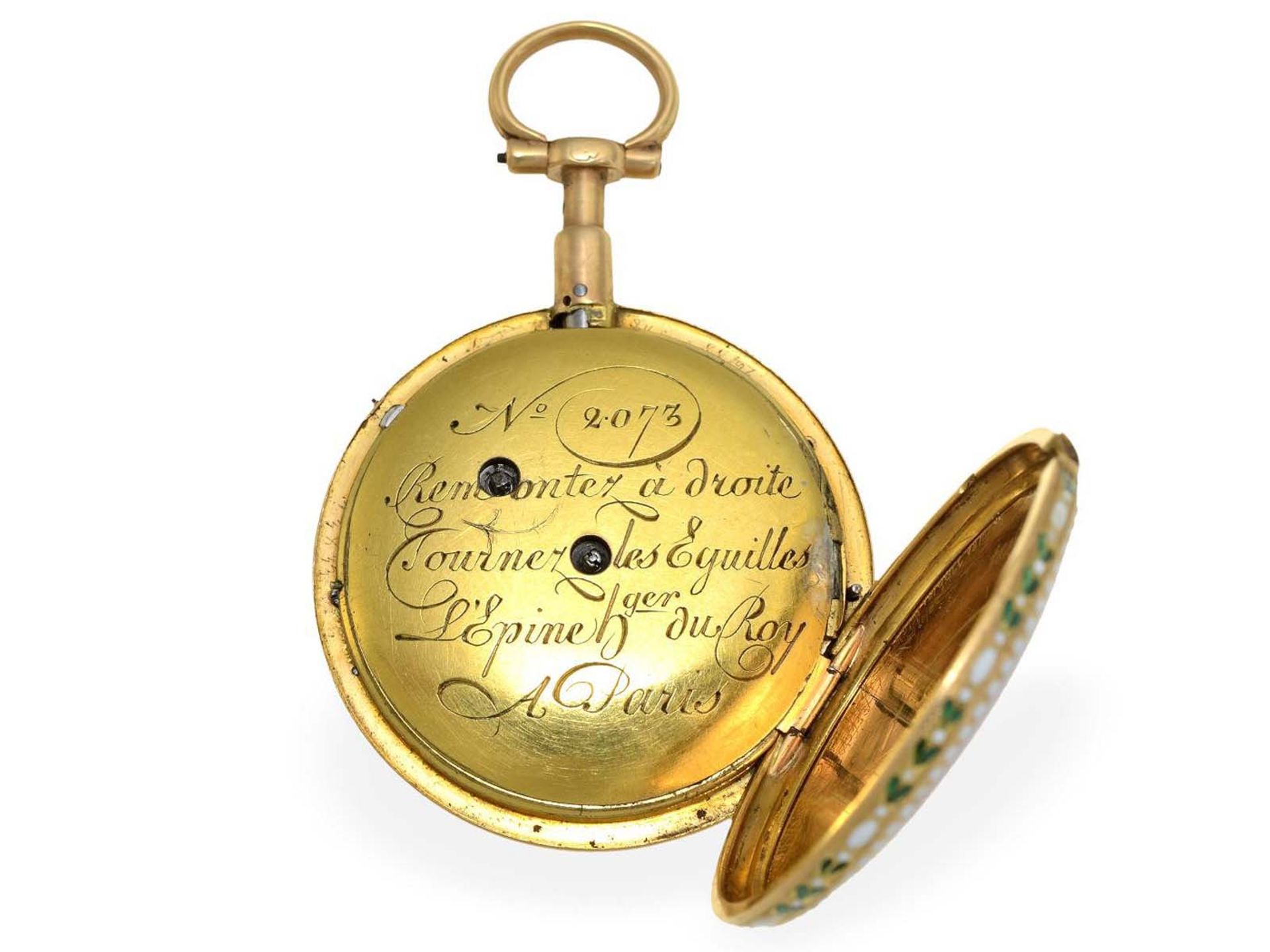 Taschenuhr: äußerst seltene Gold/Emaille-Uhr mit Repetition, original Jean Antoine Lepine H'ger du - Bild 4 aus 5