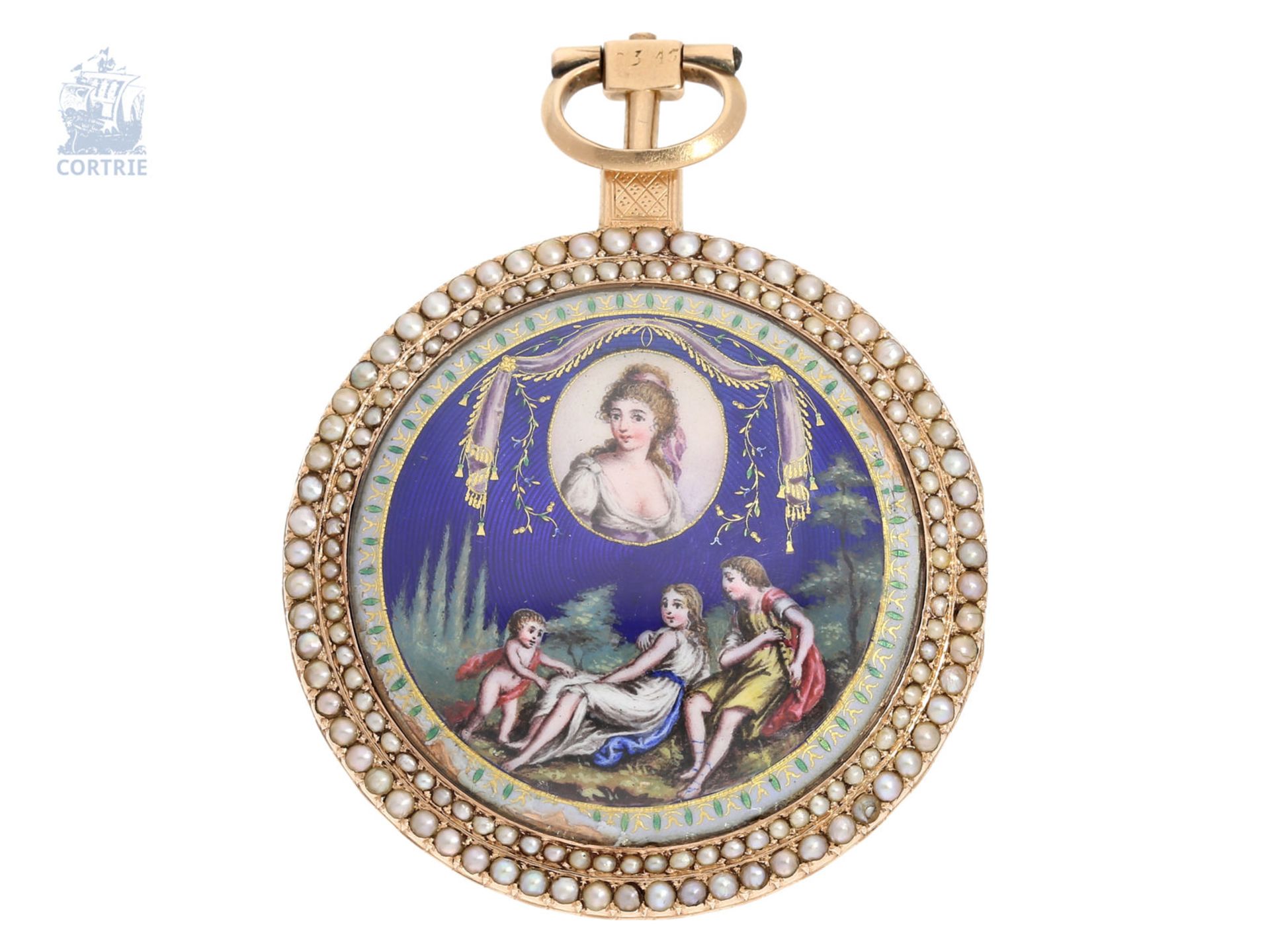 Taschenuhr: hochfeine, exquisite flache deutsche Gold/Emaille-Taschenuhr mit seltener Kommahemmung - Bild 2 aus 6