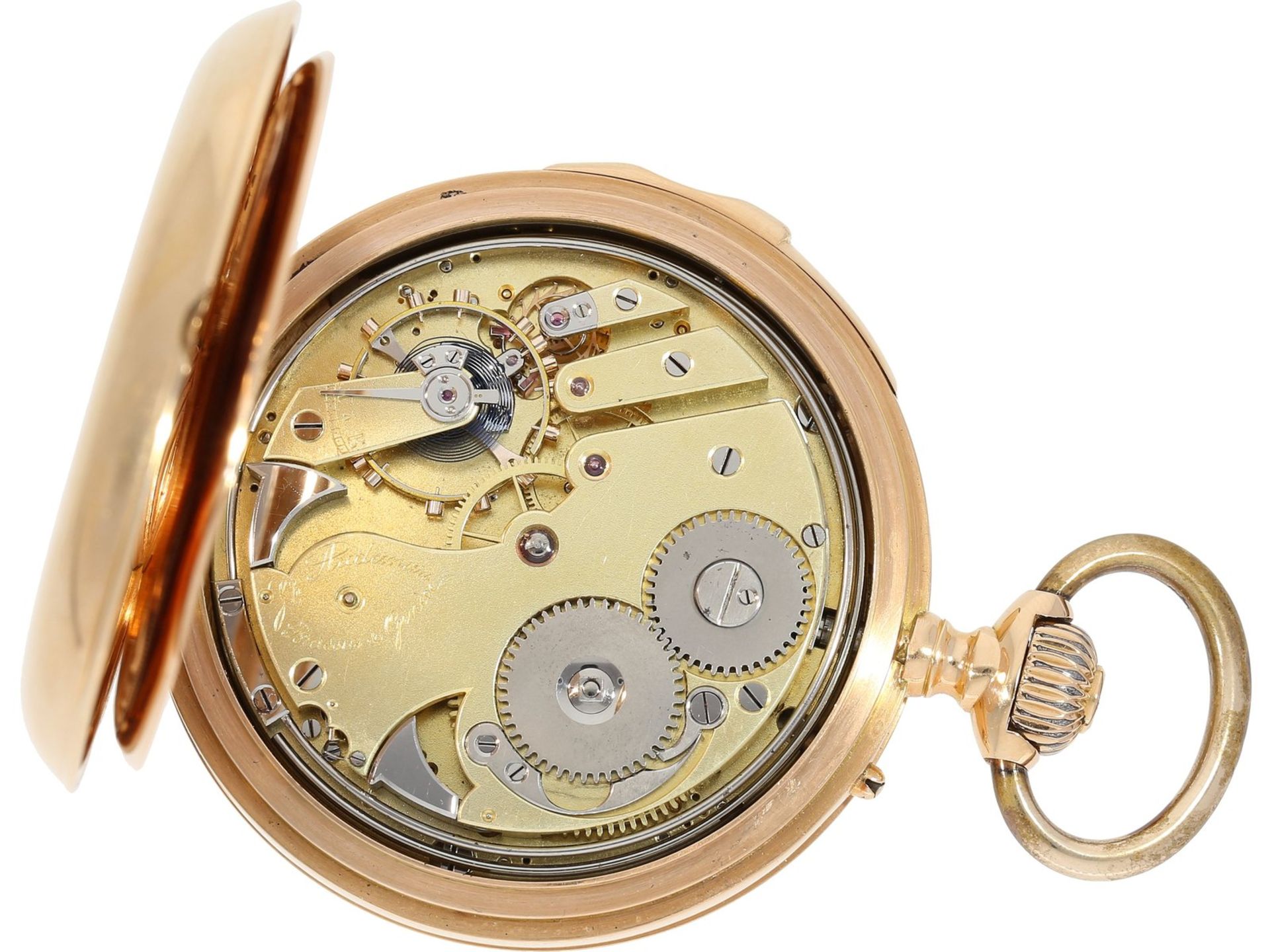 Taschenuhr: hochfeine rotgoldene Savonnette mit Minutenrepetition, Louis Audemars No. 21490, ca. - Bild 4 aus 8