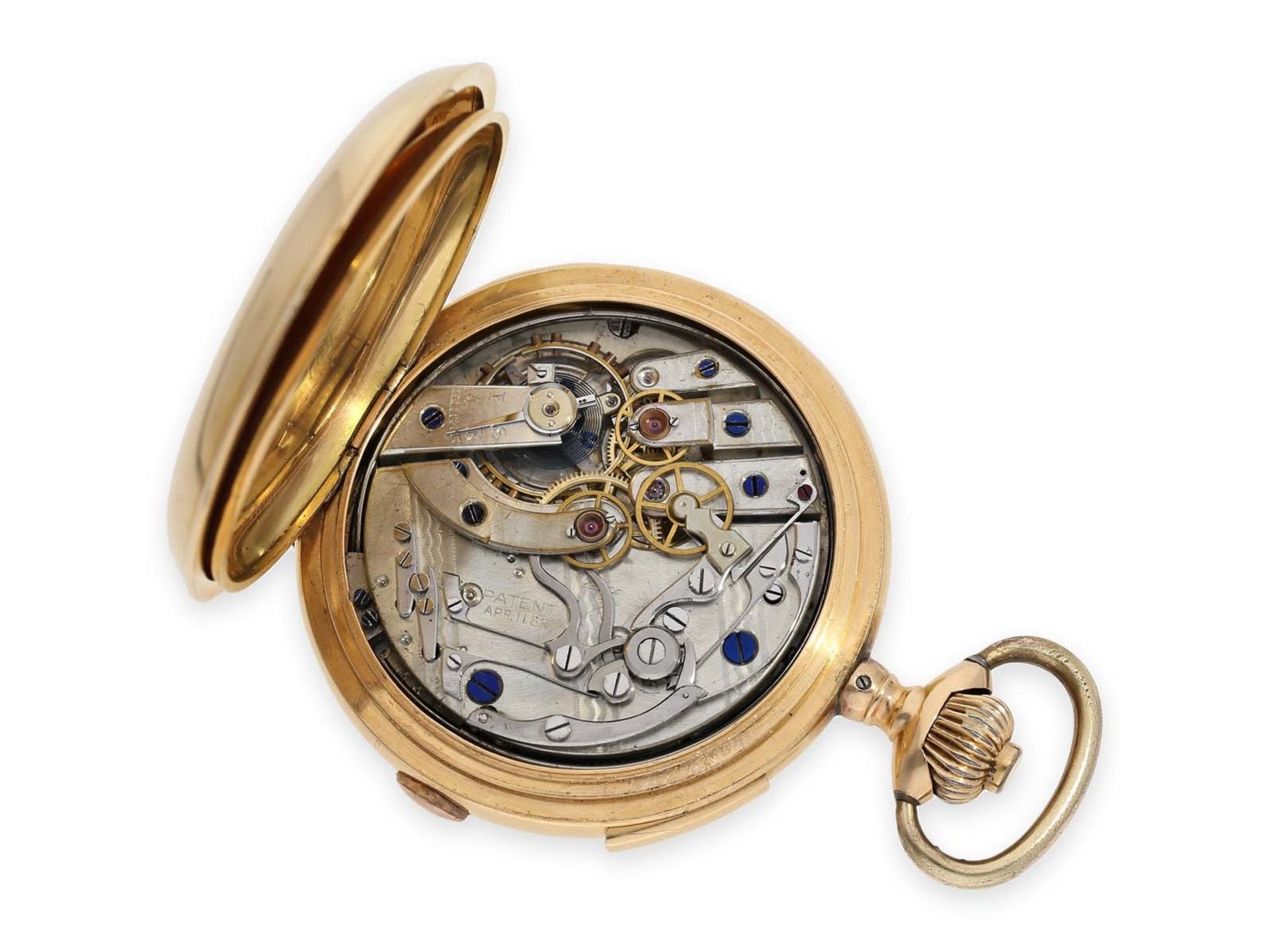 Taschenuhr: schwere, rotgoldene Savonnette mit Repetition und Chronograph und schwerer, - Bild 4 aus 9