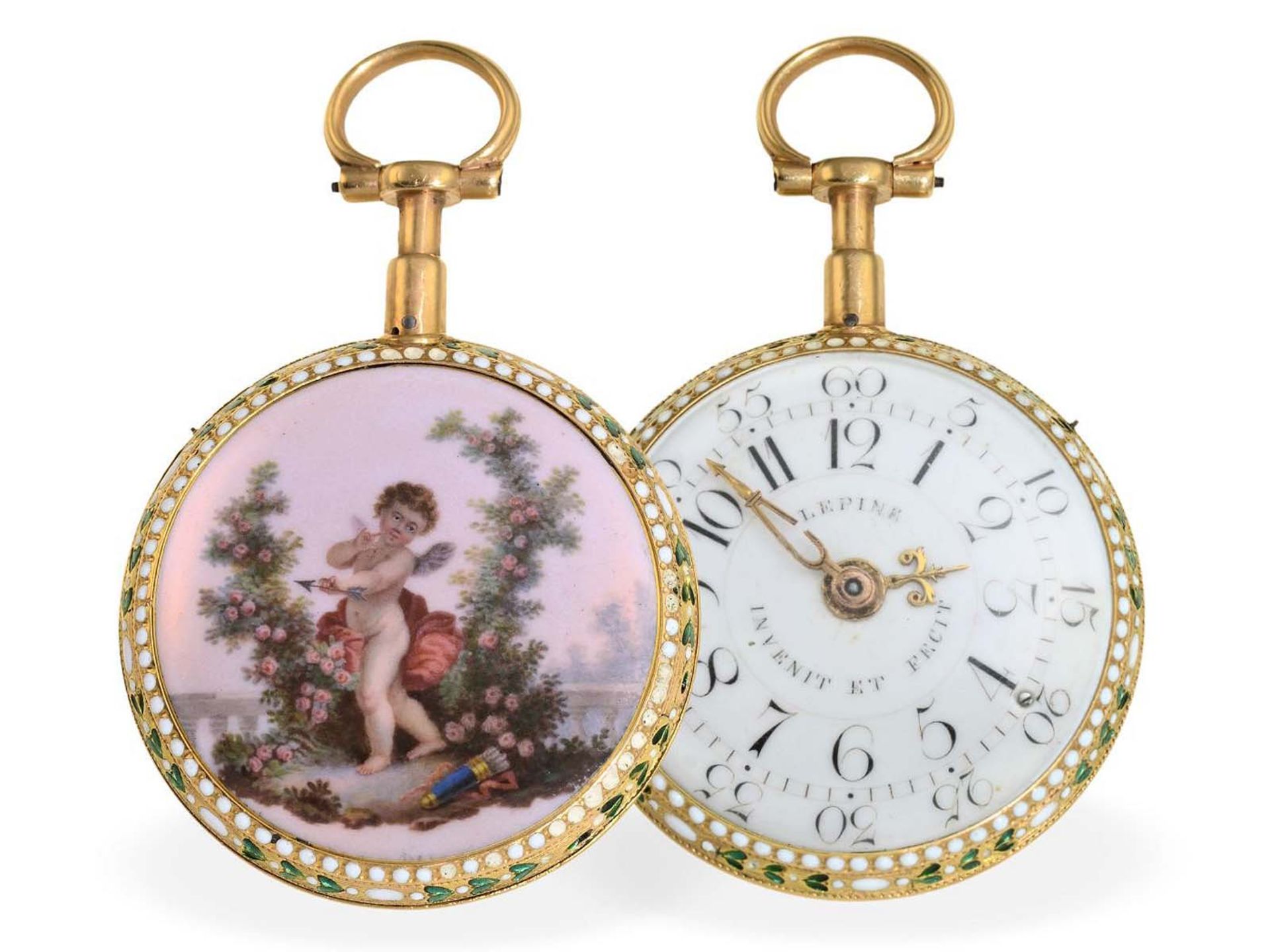 Taschenuhr: äußerst seltene Gold/Emaille-Uhr mit Repetition, original Jean Antoine Lepine H'ger du