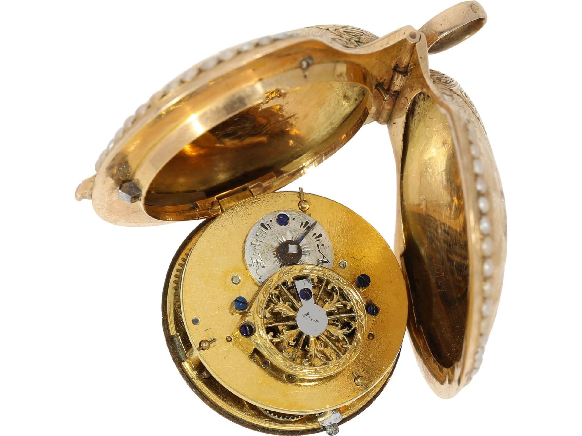 Anhängeuhr/Formuhr: rare Formuhr mit Orientperlenbesatz "Muschel", Frankreich um 1800Ca. 42 × - Bild 4 aus 4