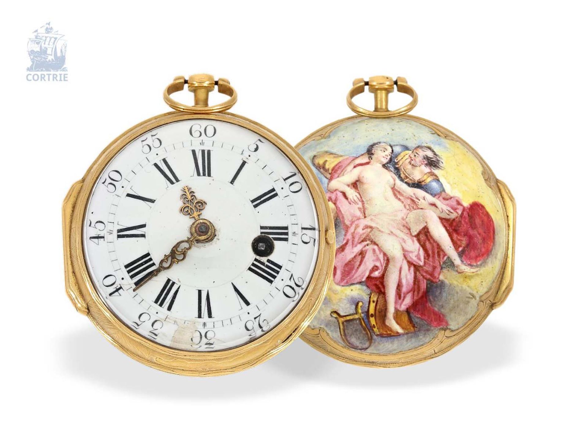 Taschenuhr: frühe Rokoko Gold/Emaille-Spindeluhr mit erotischem Motiv, königlicher Uhrmacher - Bild 4 aus 4