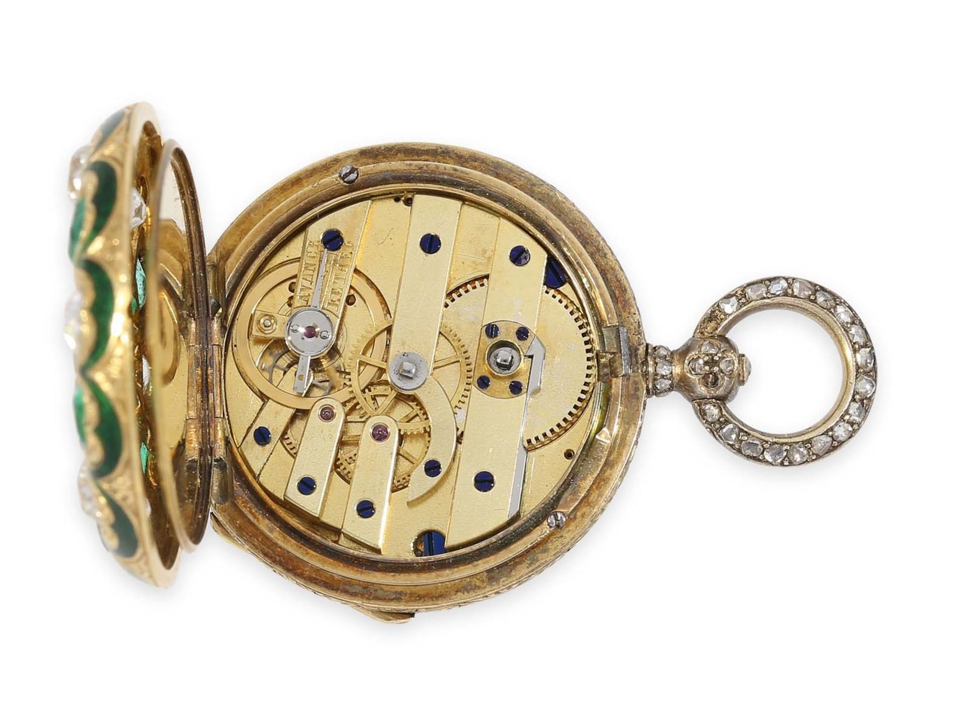 Taschenuhr/Anhängeuhr: äußerst kostbare und einzigartige Gold/Emaille-Damenuhr mit sehr wertvollem - Bild 3 aus 4