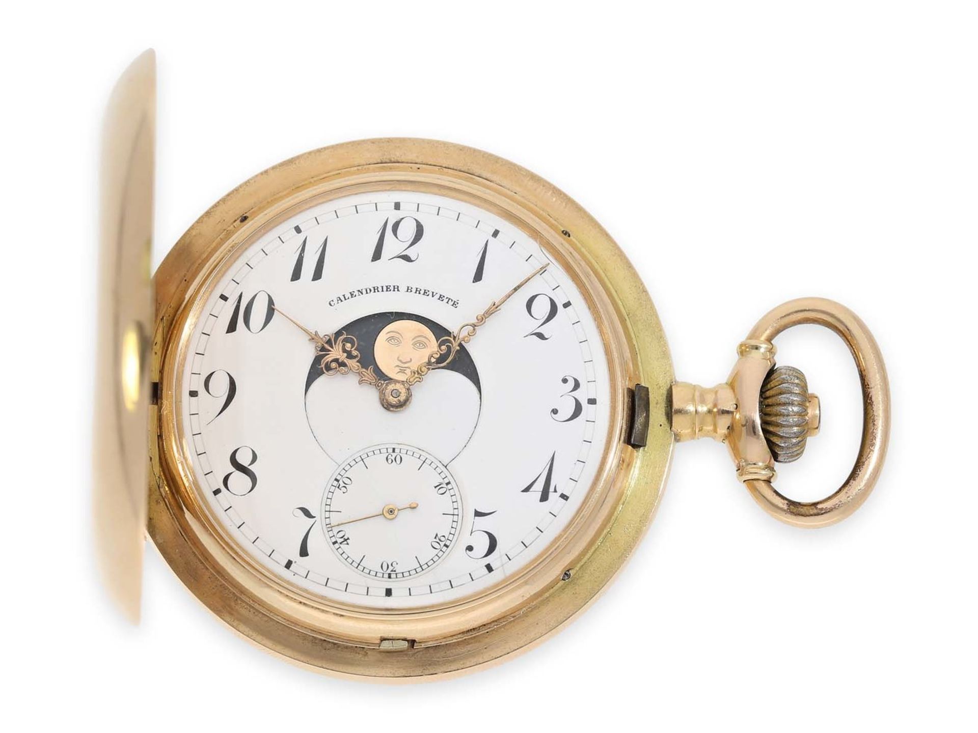 Taschenuhr: seltene, doppelseitige astronomische Goldsavonnette mit Kalendarium nach dem Patent