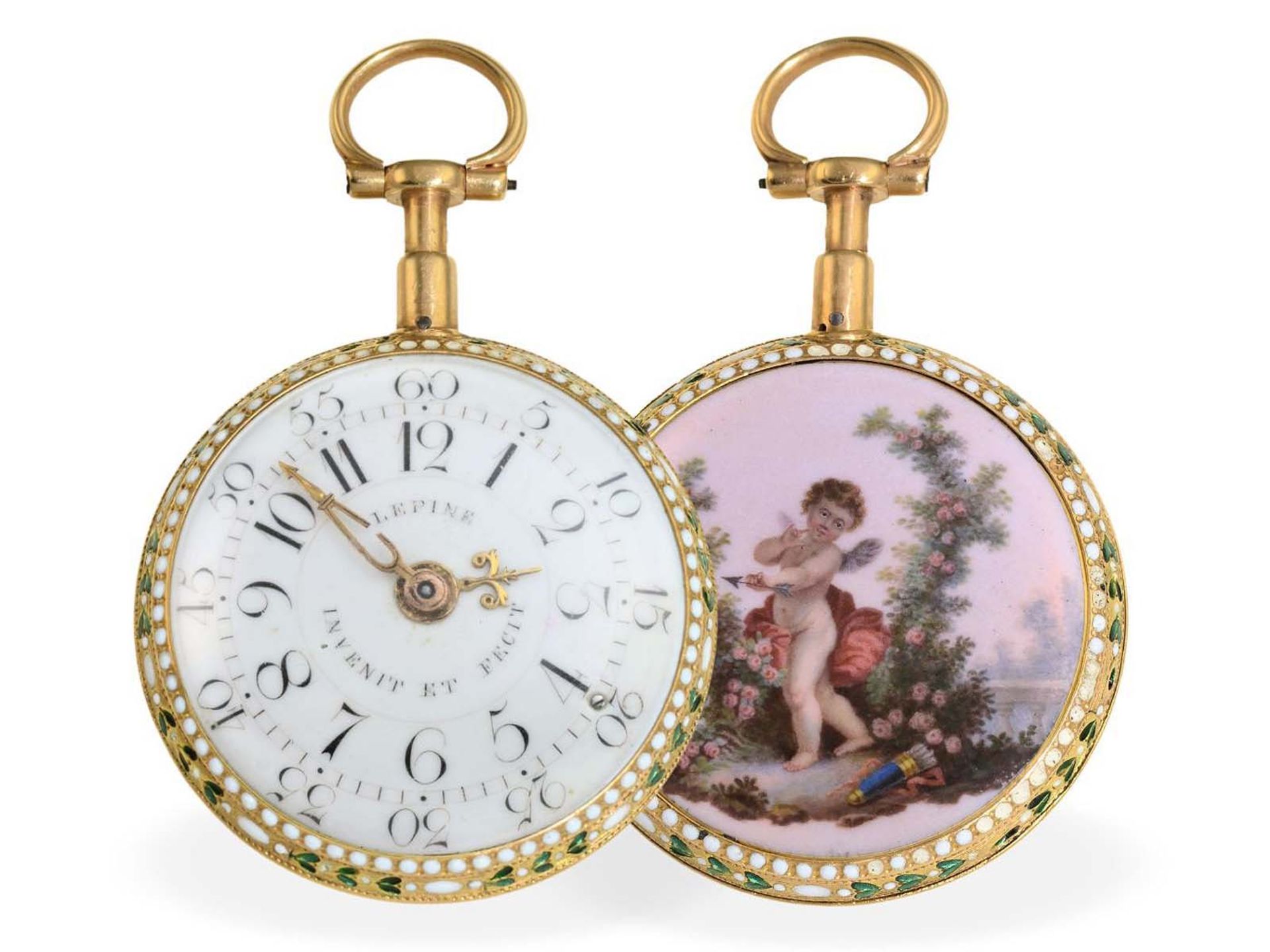 Taschenuhr: äußerst seltene Gold/Emaille-Uhr mit Repetition, original Jean Antoine Lepine H'ger du - Bild 2 aus 5