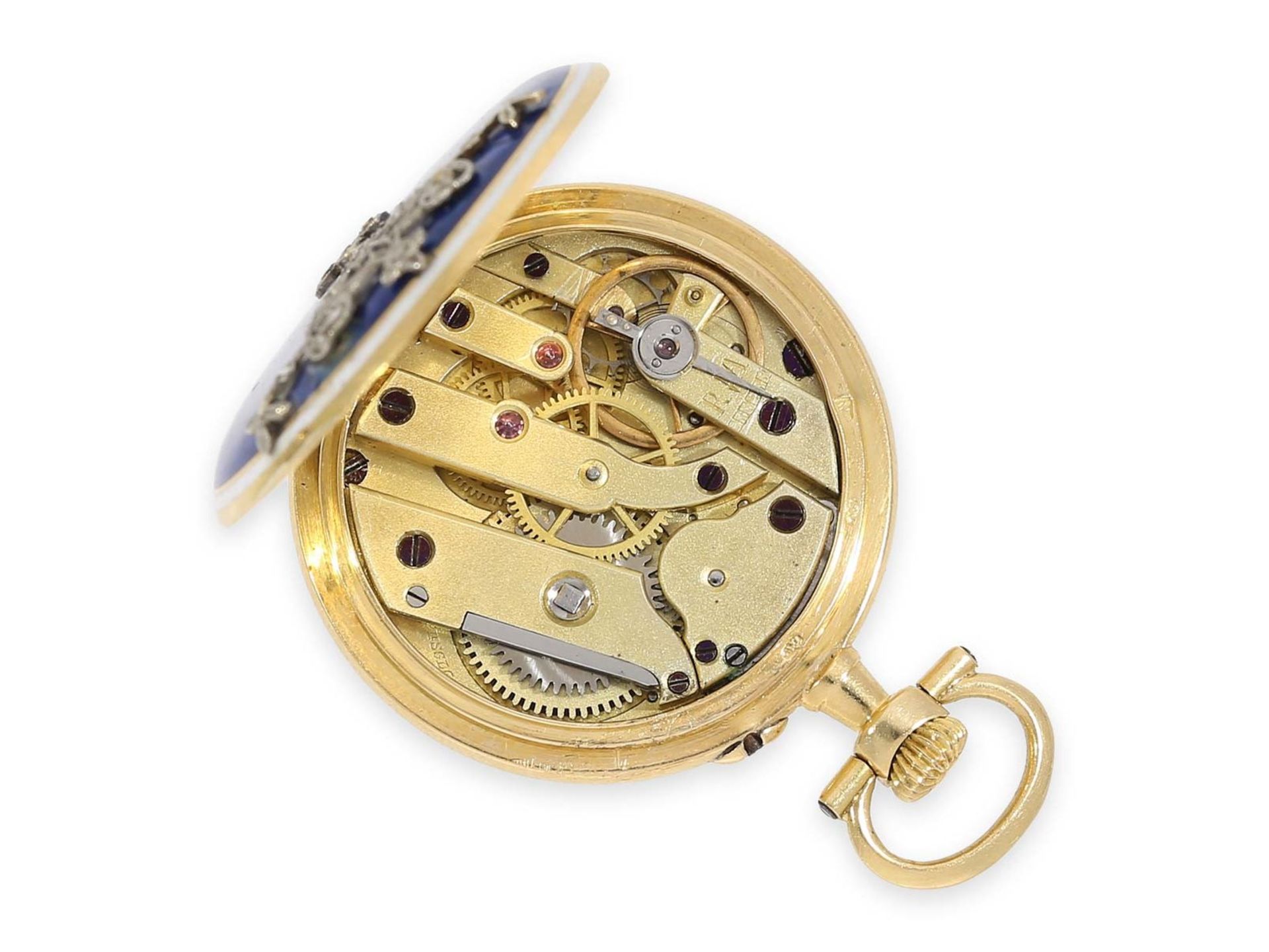 Taschenuhr/Anhängeuhr: hochfeine Belle Epoque Gold/Emailleuhr mit Diamantbesatz, vermutl. Le - Bild 3 aus 4